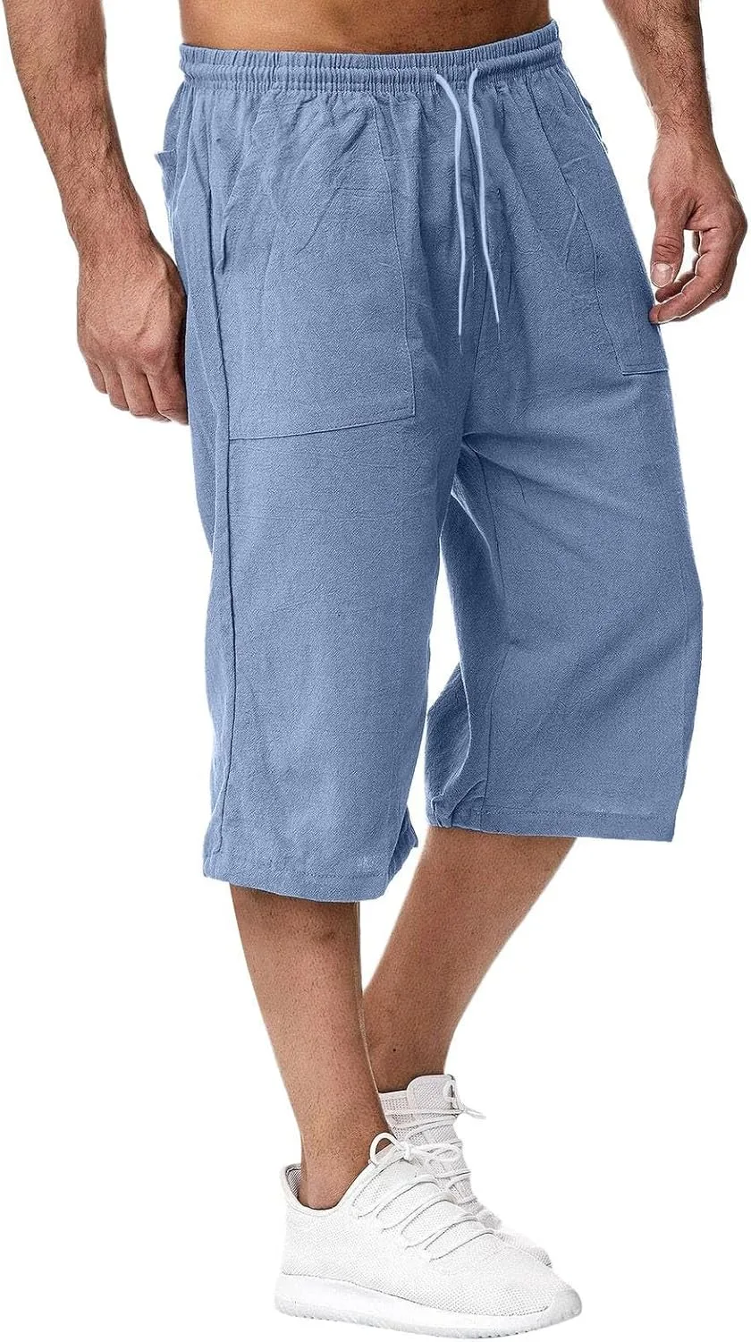 Fishing Shorts for Men Linen 3/4 Pants Knee Length Lightweight Summer Drawstring Capri Pant
