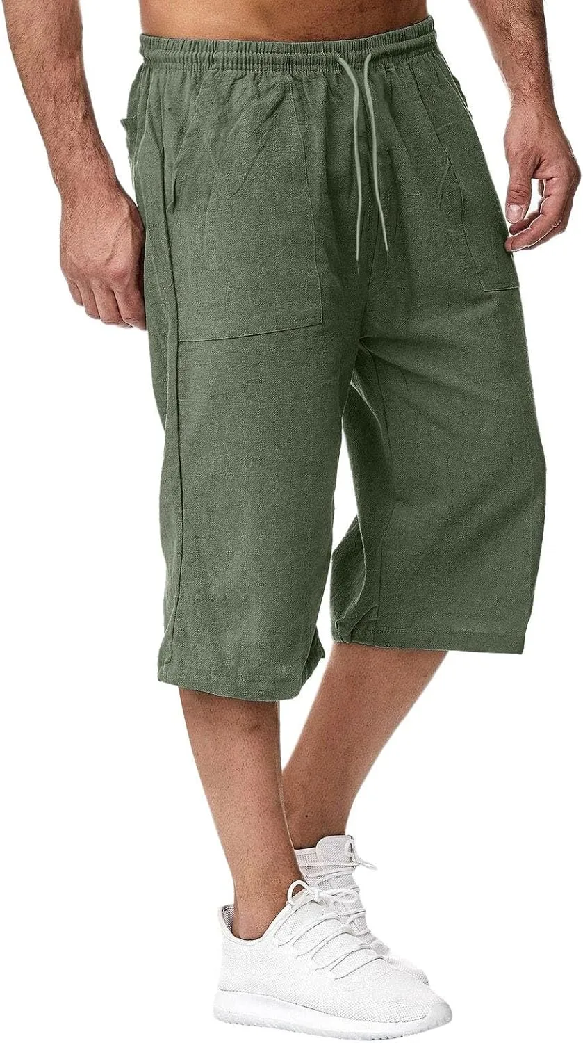 Fishing Shorts for Men Linen 3/4 Pants Knee Length Lightweight Summer Drawstring Capri Pant