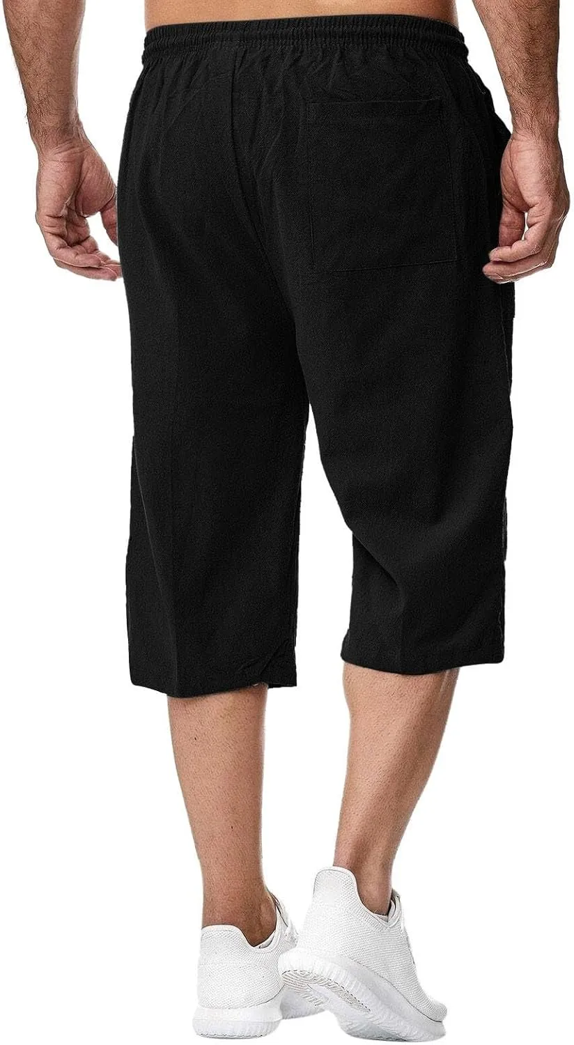 Fishing Shorts for Men Linen 3/4 Pants Knee Length Lightweight Summer Drawstring Capri Pant