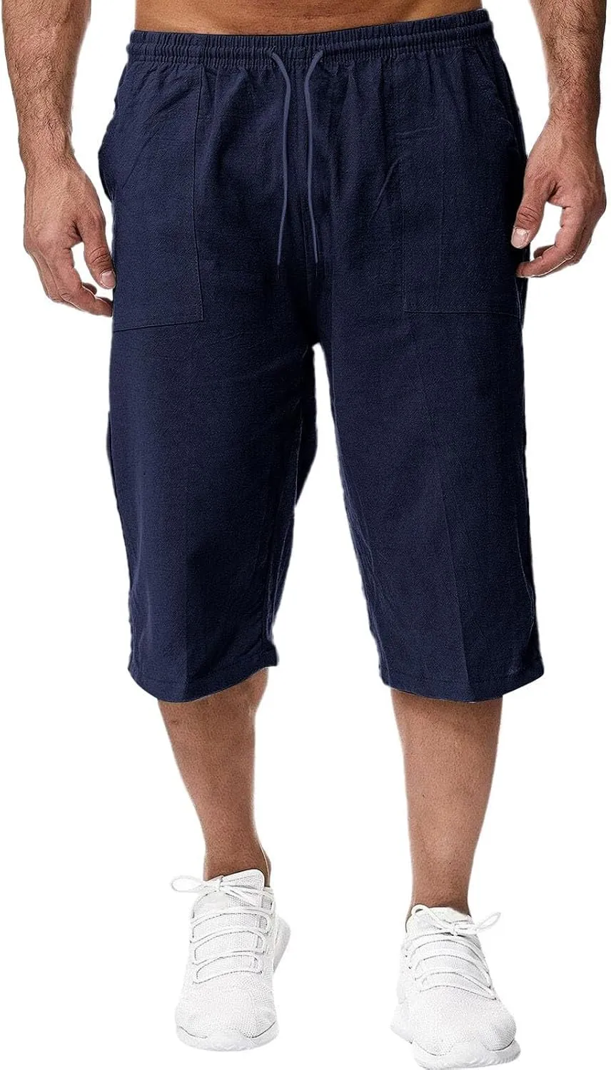 Fishing Shorts for Men Linen 3/4 Pants Knee Length Lightweight Summer Drawstring Capri Pant