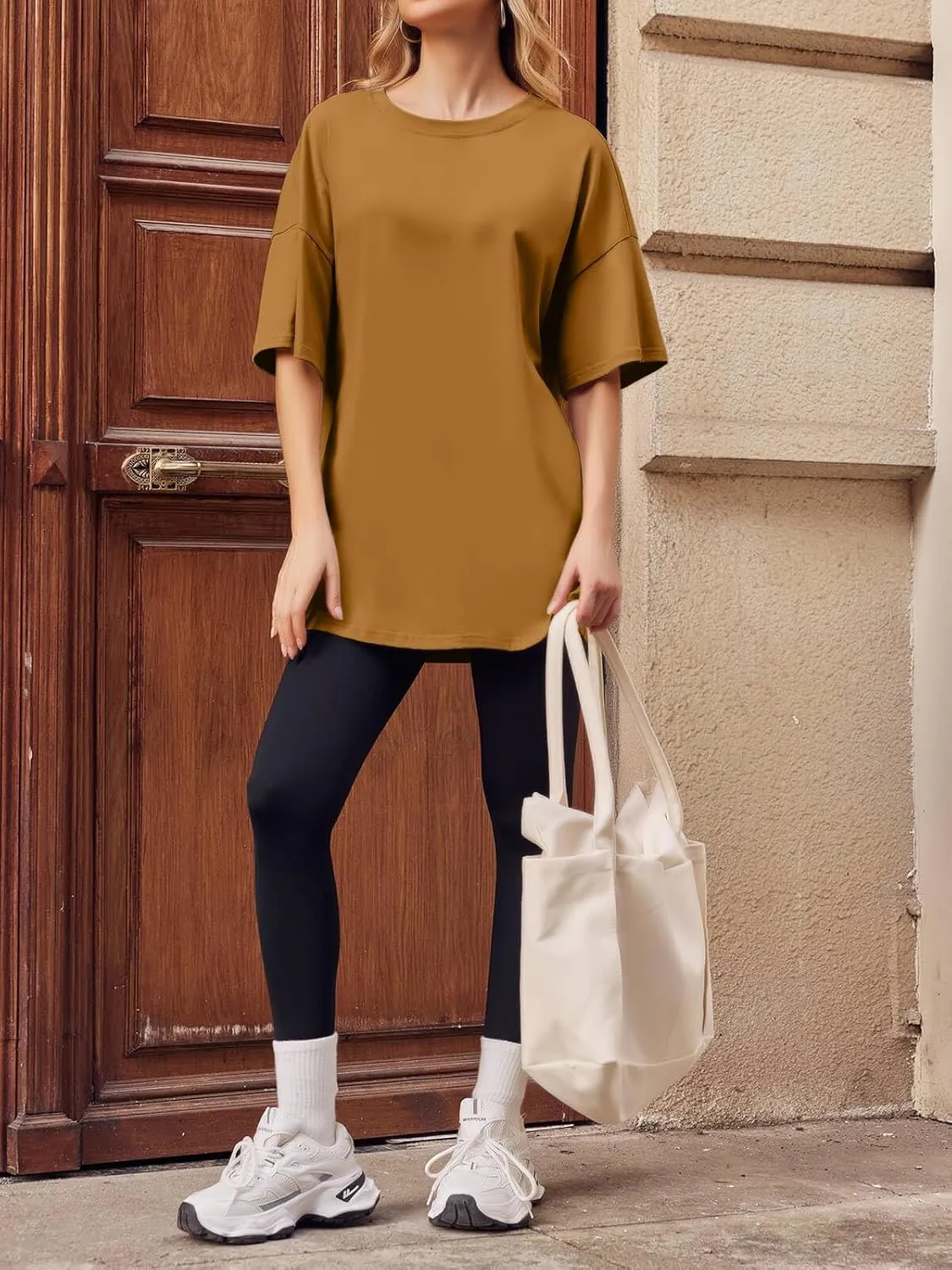 Fisoew Women's Oversized T Shirts Tees Half Sleeve Crew Neck Cotton Tunic Tops