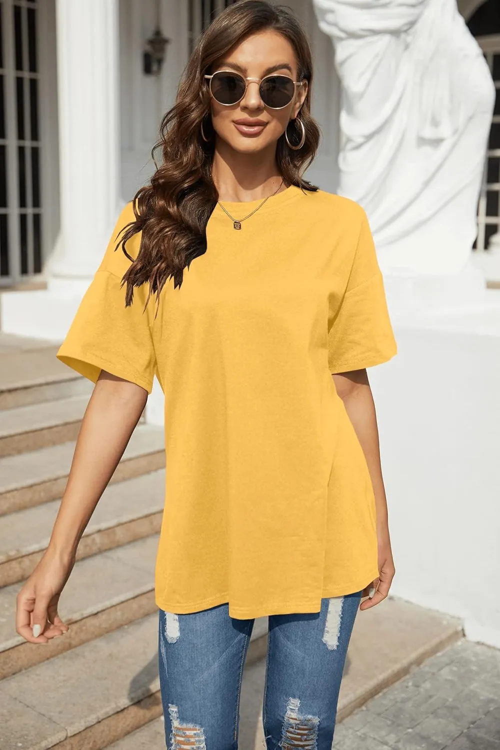 Fisoew Women's Oversized T Shirts Tees Half Sleeve Crew Neck Cotton Tunic Tops