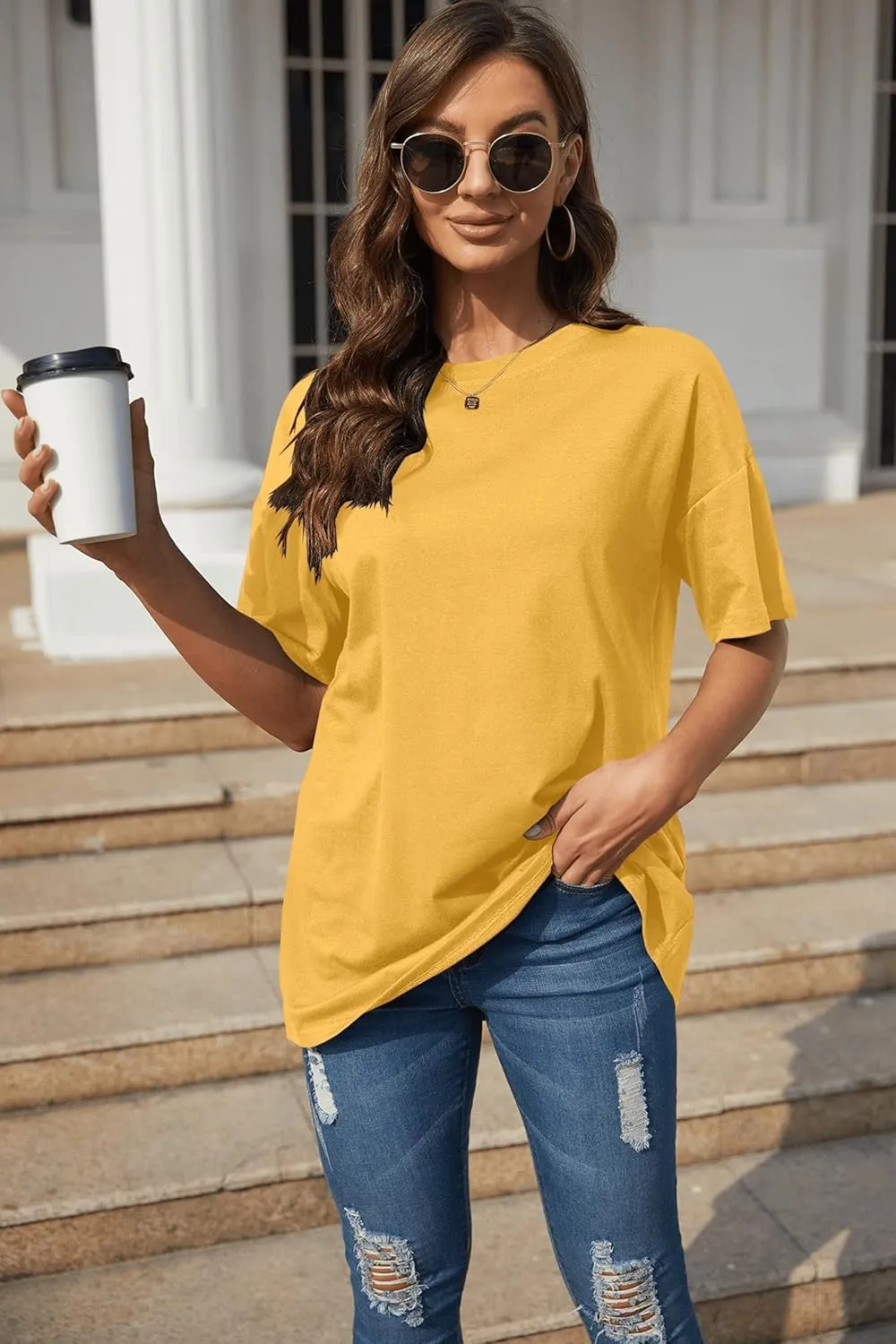 Fisoew Women's Oversized T Shirts Tees Half Sleeve Crew Neck Cotton Tunic Tops