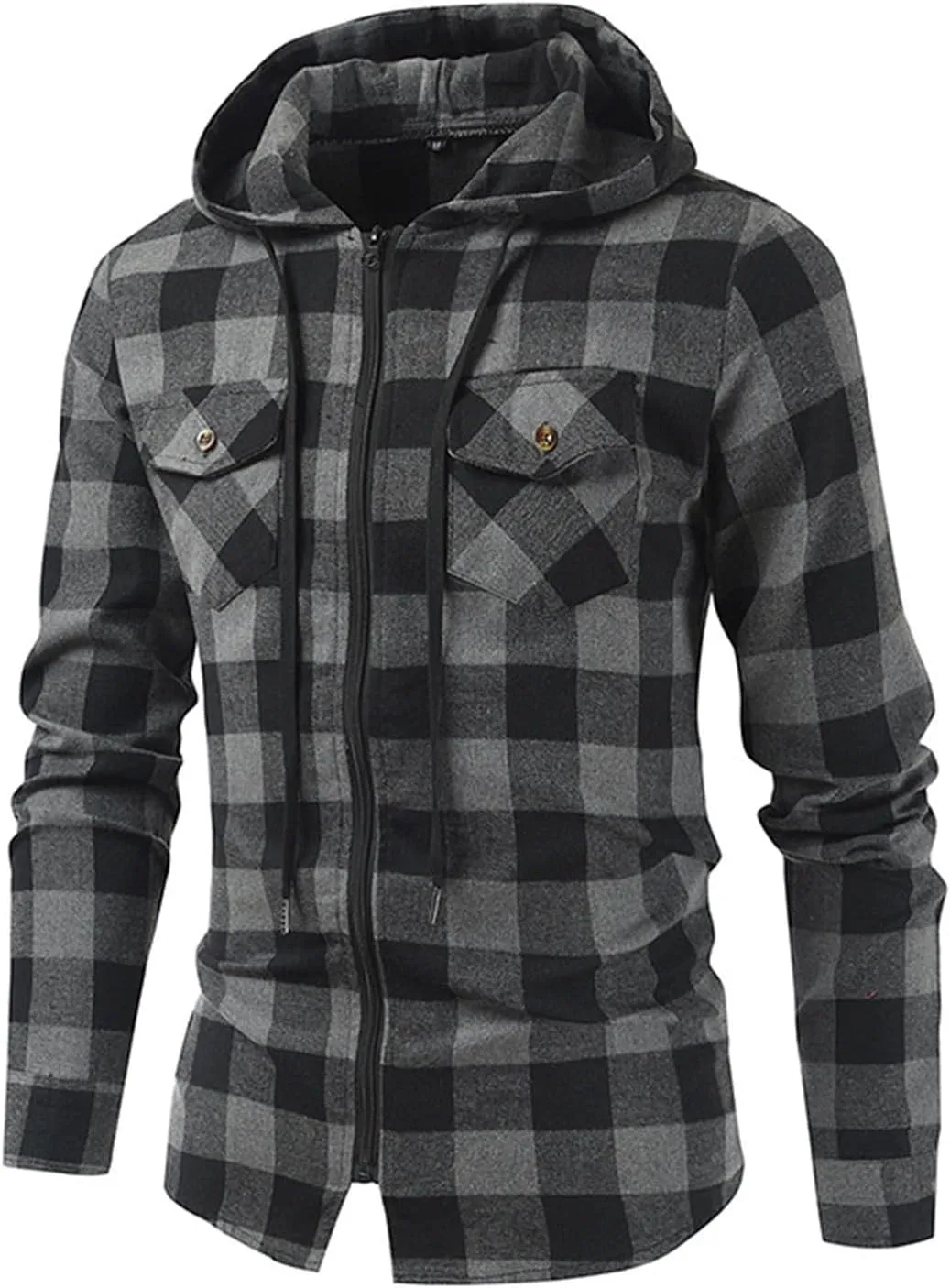 Flannel Hoodies Jackets for Men Long Sleeve Slim Zip Up Plaid Shirt Jacket Fall Lightweight Hooded Coat with Pocket