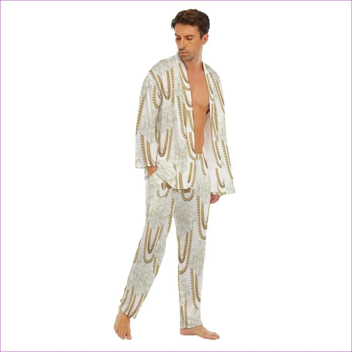 Floral Chain Men's Imitation Silk Pajama Sets