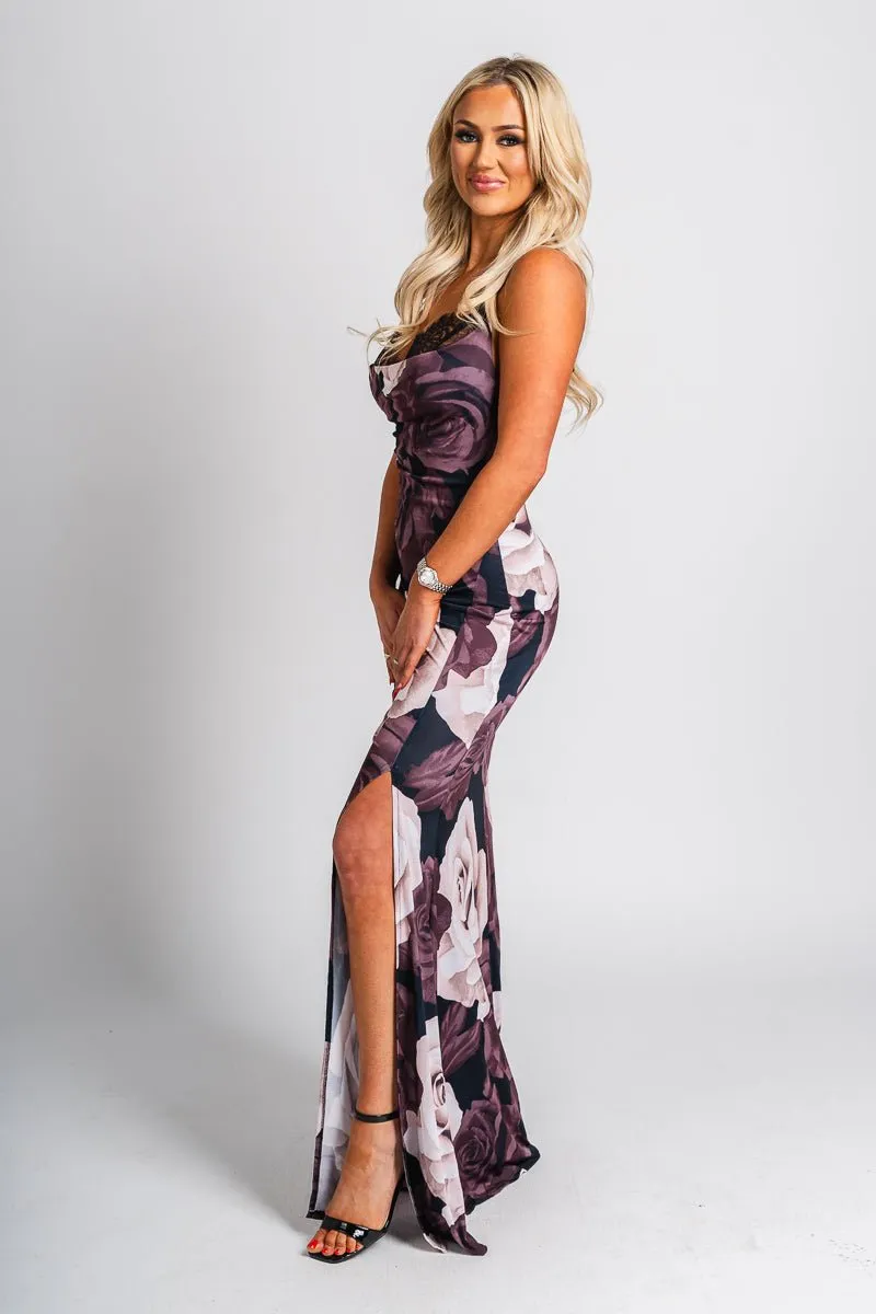 Floral lace trim maxi dress black
