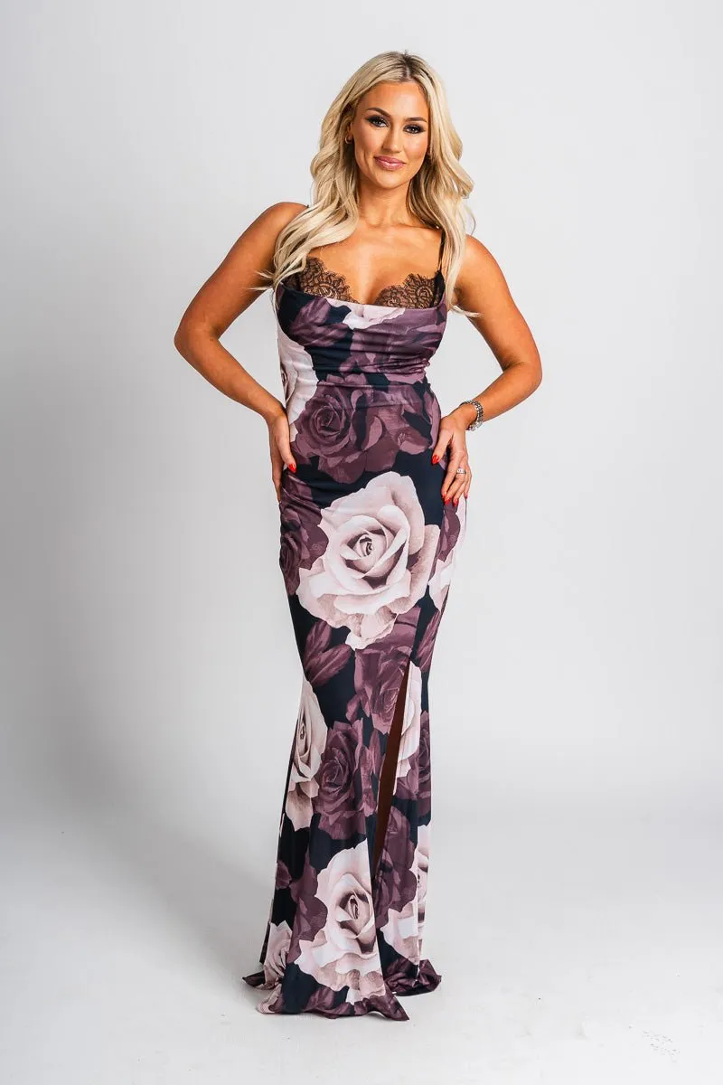 Floral lace trim maxi dress black