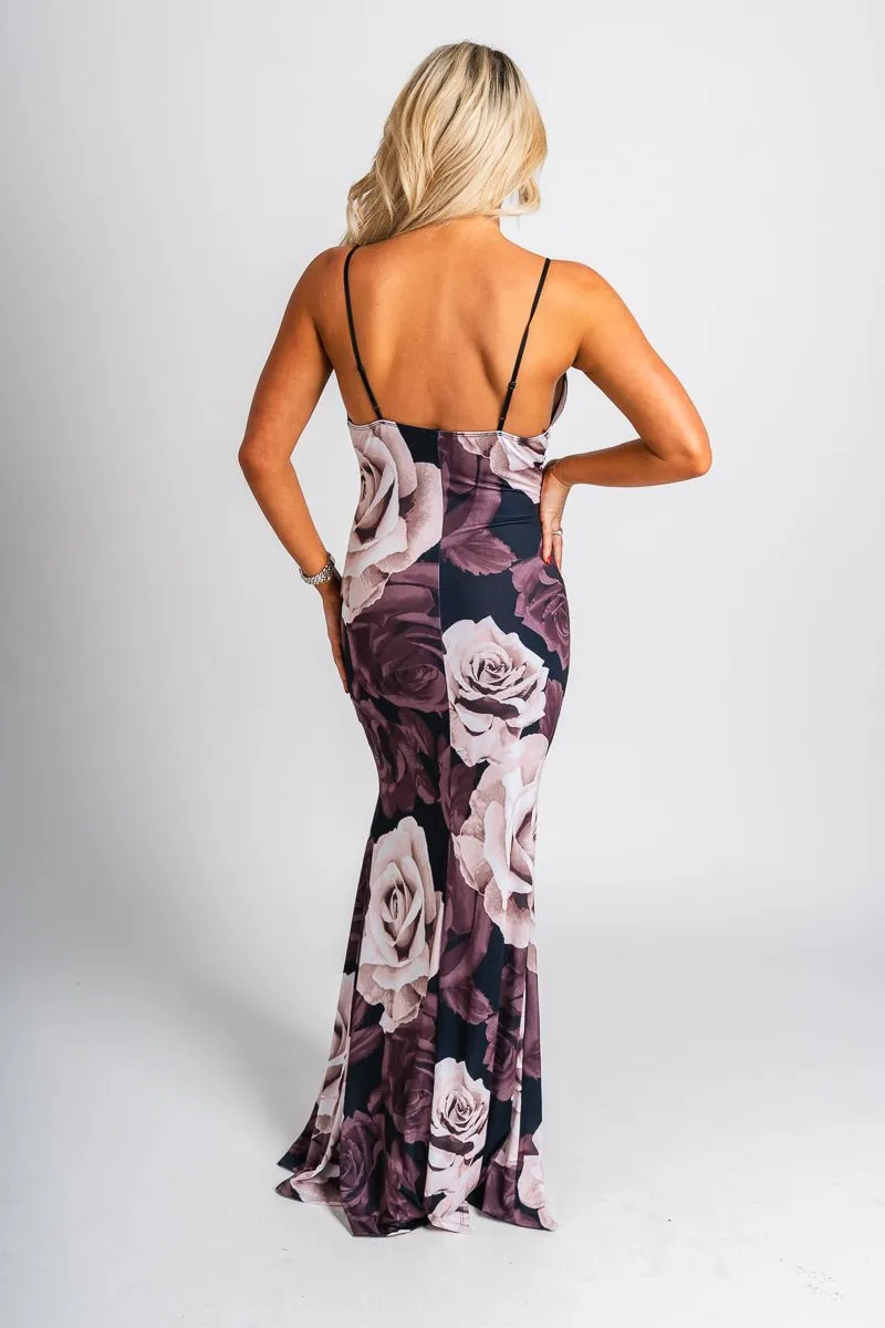 Floral lace trim maxi dress black