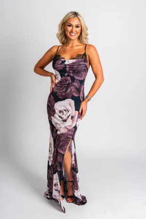 Floral lace trim maxi dress black