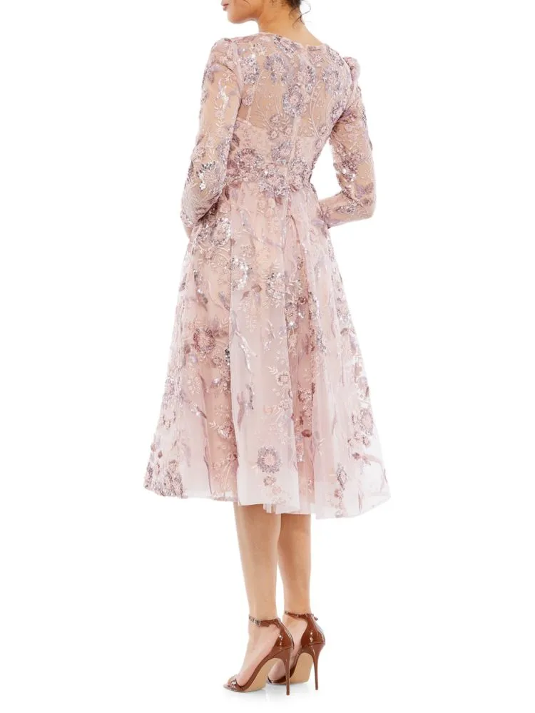 Floral Midi Dress with Mac Duggal Embellishment, Pink