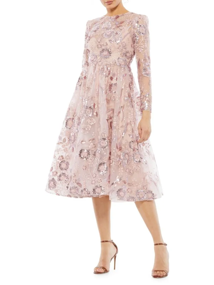 Floral Midi Dress with Mac Duggal Embellishment, Pink