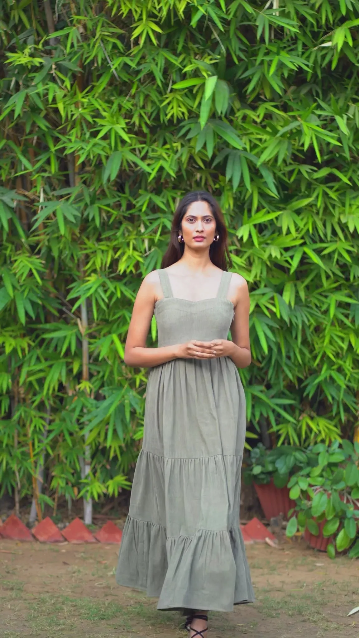 Forest Green Warm Cotton Corduroy Gathered Maxi Tier Dress