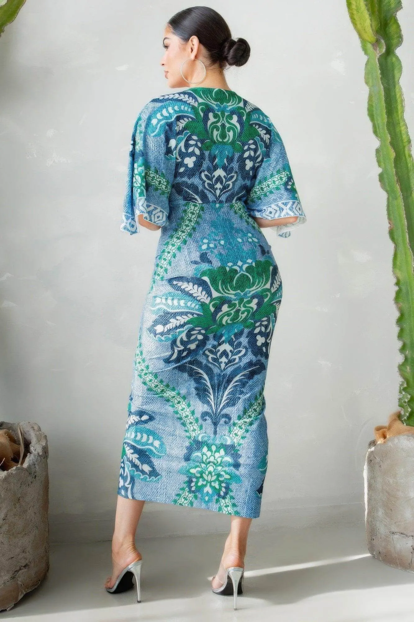 Front Ruched V-neck Maxi Dress Blue Green Multi