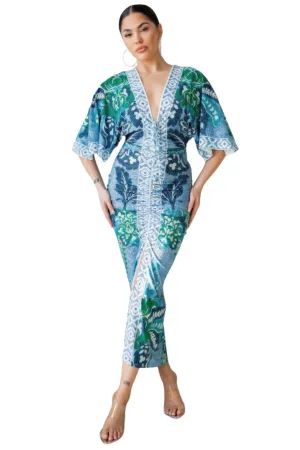 Front Ruched V-neck Maxi Dress Blue Green Multi