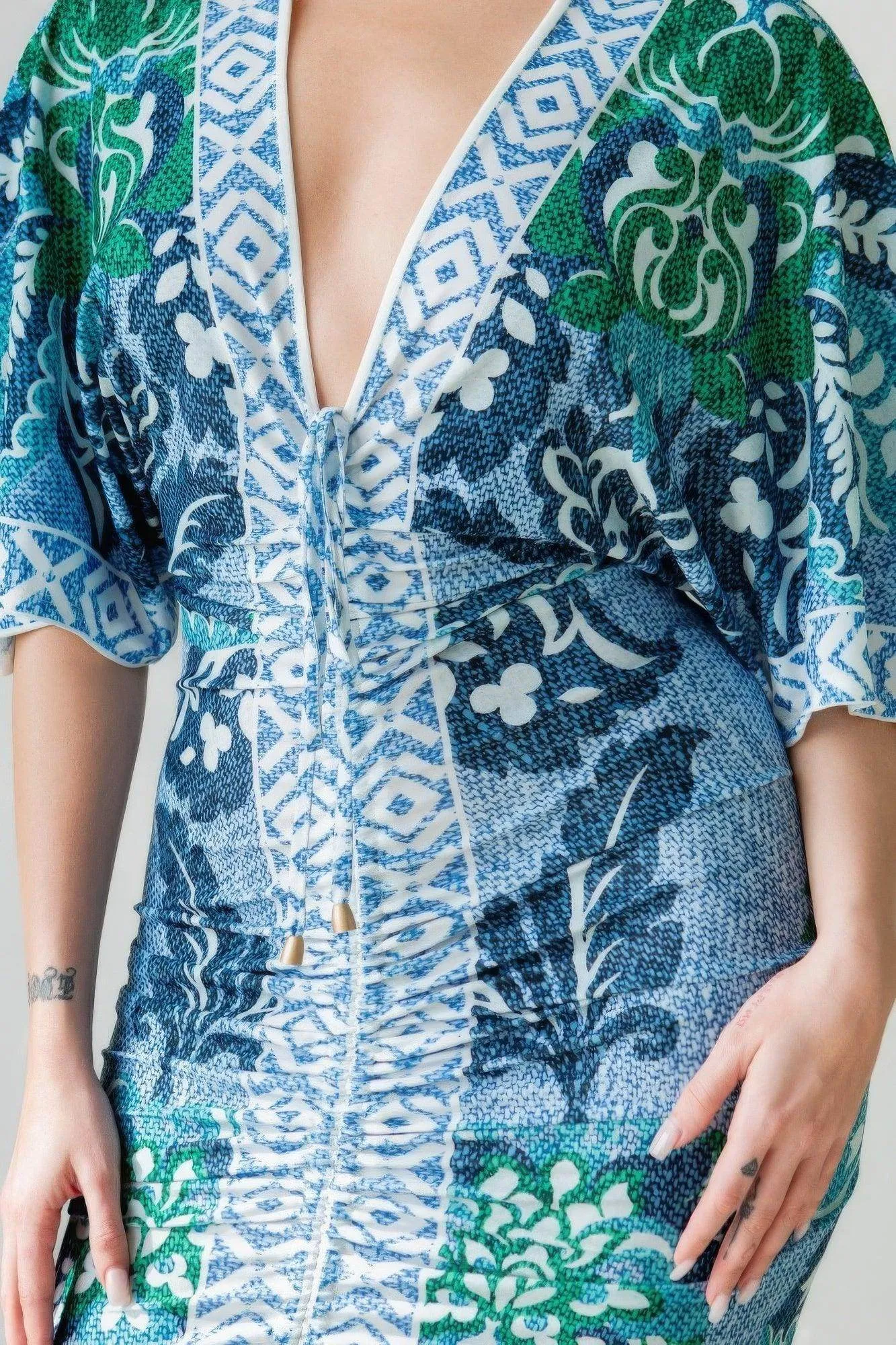 Front Ruched V-neck Maxi Dress Blue Green Multi