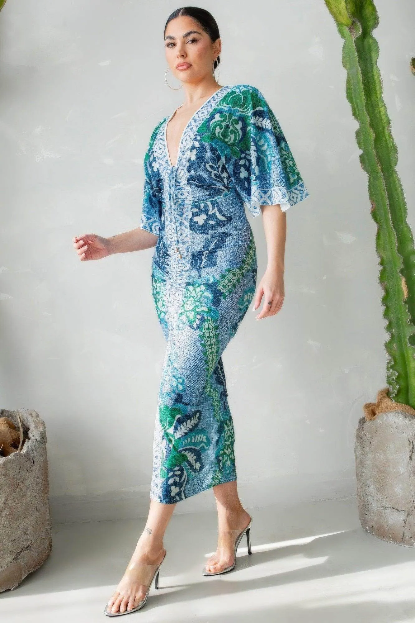 Front Ruched V-neck Maxi Dress Blue Green Multi