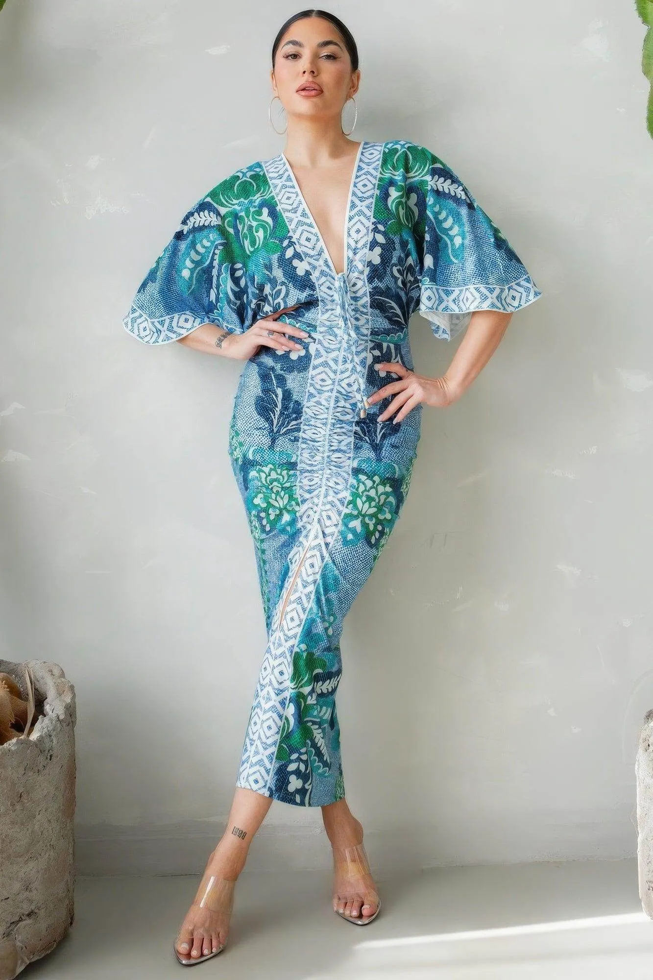 Front Ruched V-neck Maxi Dress Blue Green Multi