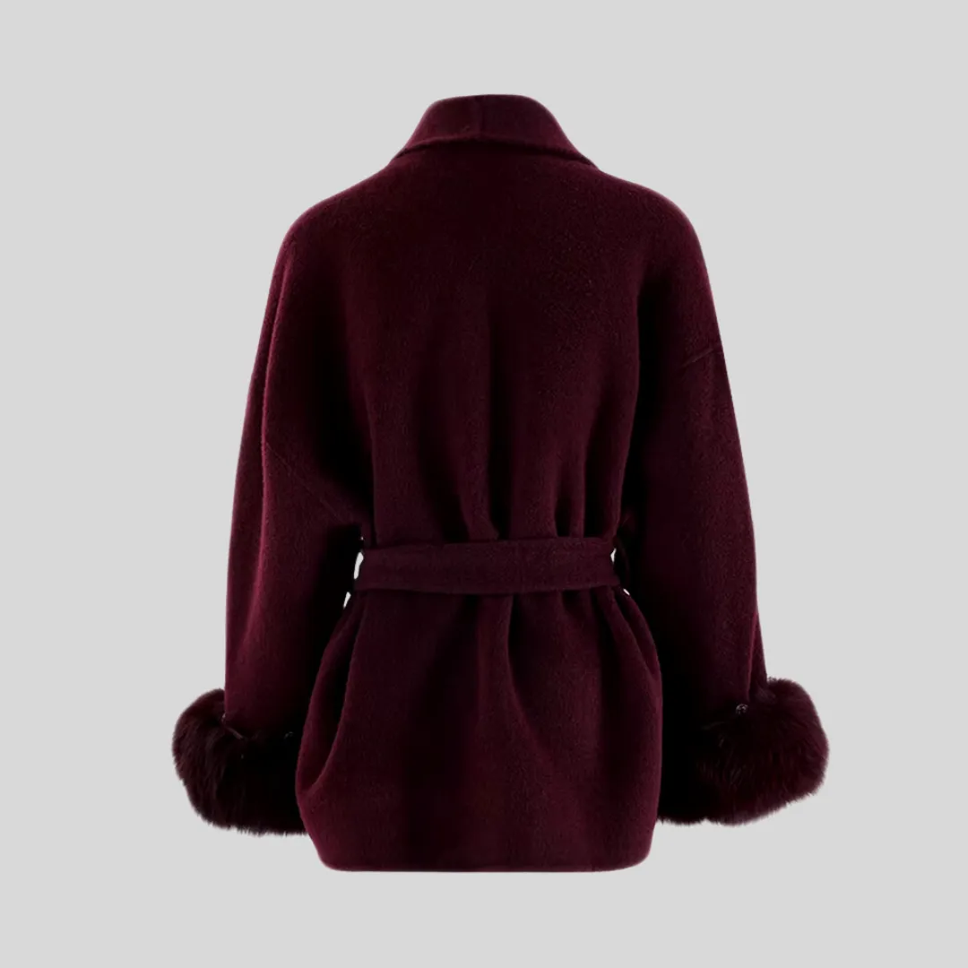 Fur Cuff Belted Woolen Coat - Burgundy