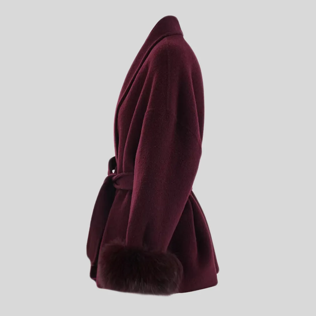 Fur Cuff Belted Woolen Coat - Burgundy