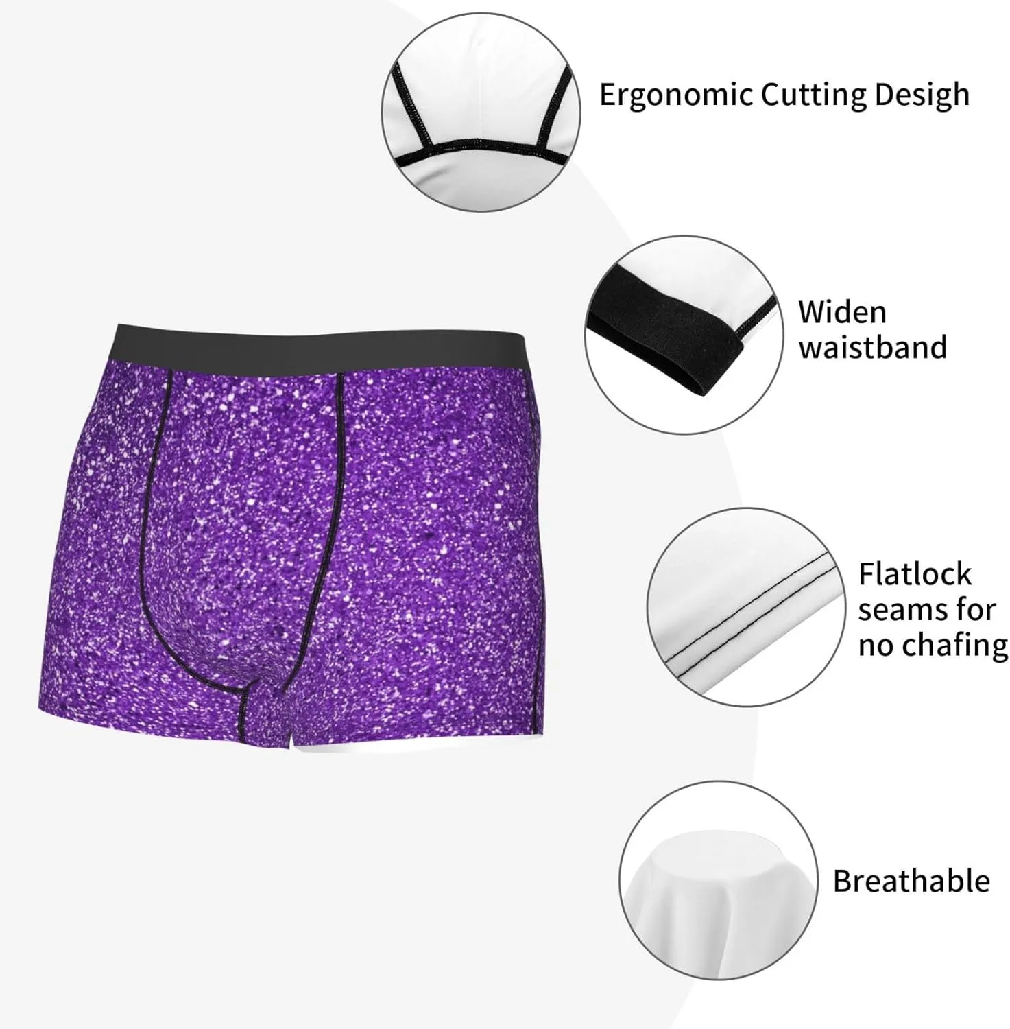 Glitter Purple Print Boxer Briefs For Men Breathable Underwear-