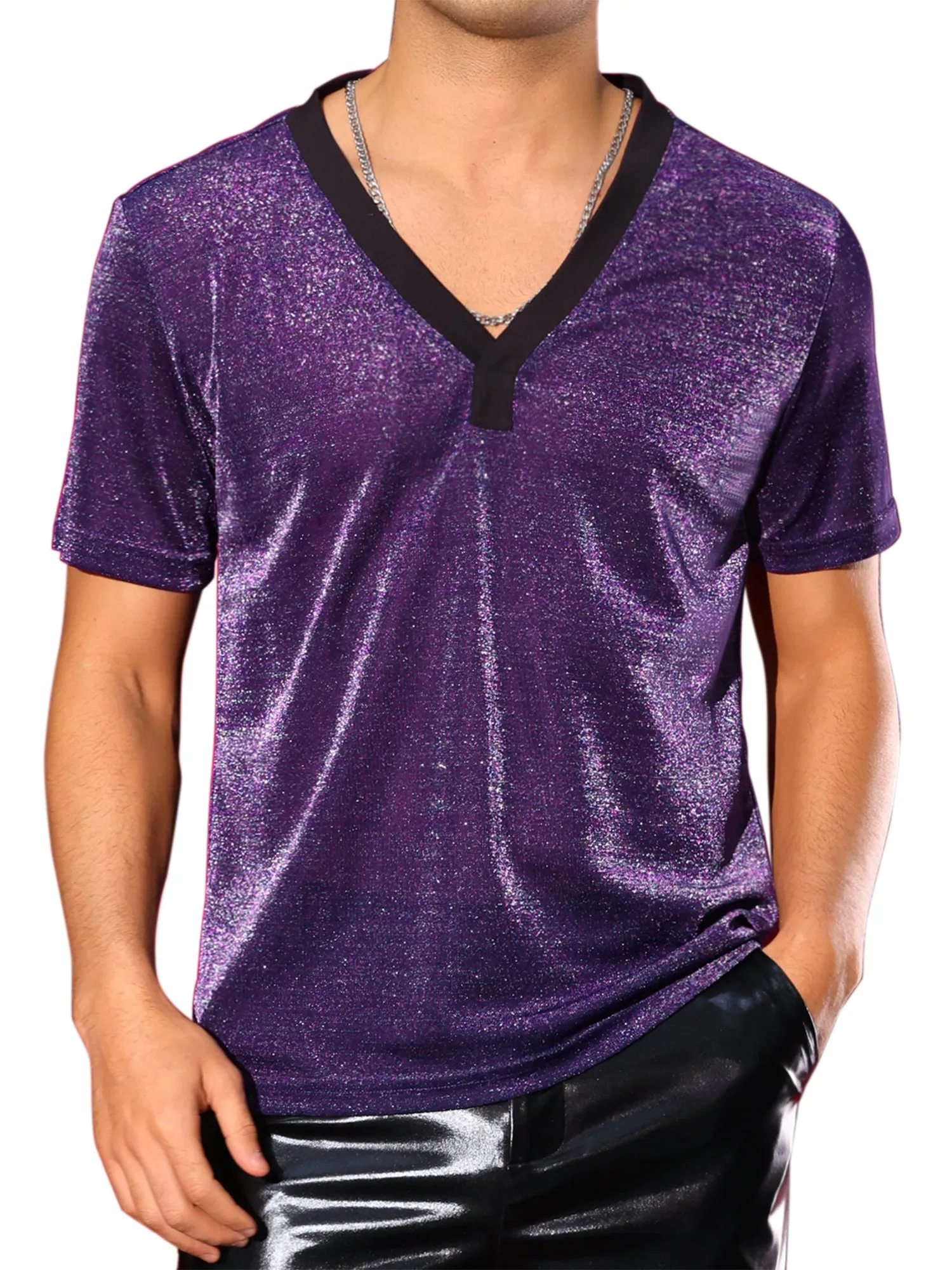 Glitter Sheer T-Shirt for Men's Shiny Tee V-Neck Short Sleeve Party See Through t Shirts