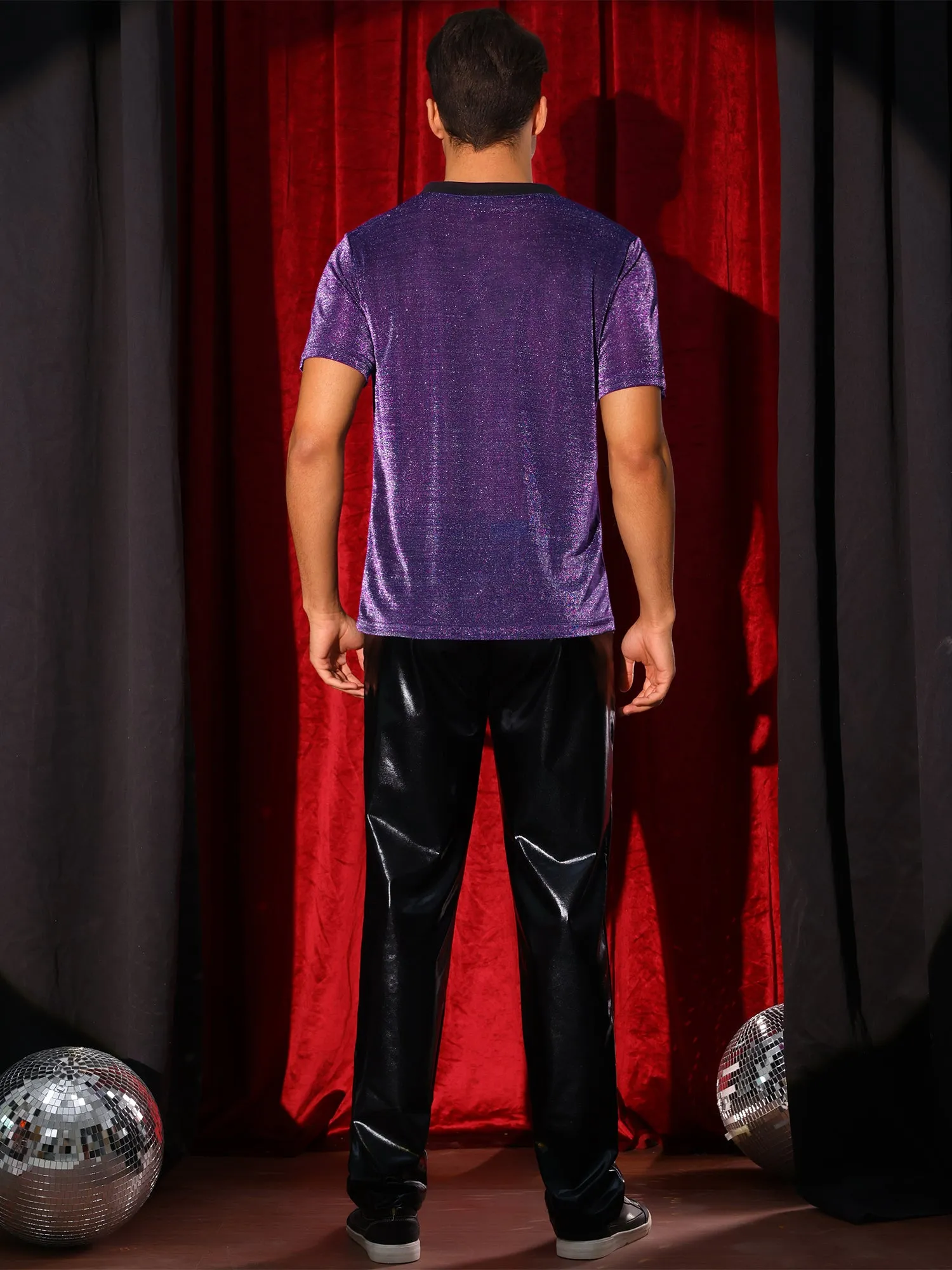 Glitter Sheer T-Shirt for Men's Shiny Tee V-Neck Short Sleeve Party See Through t Shirts