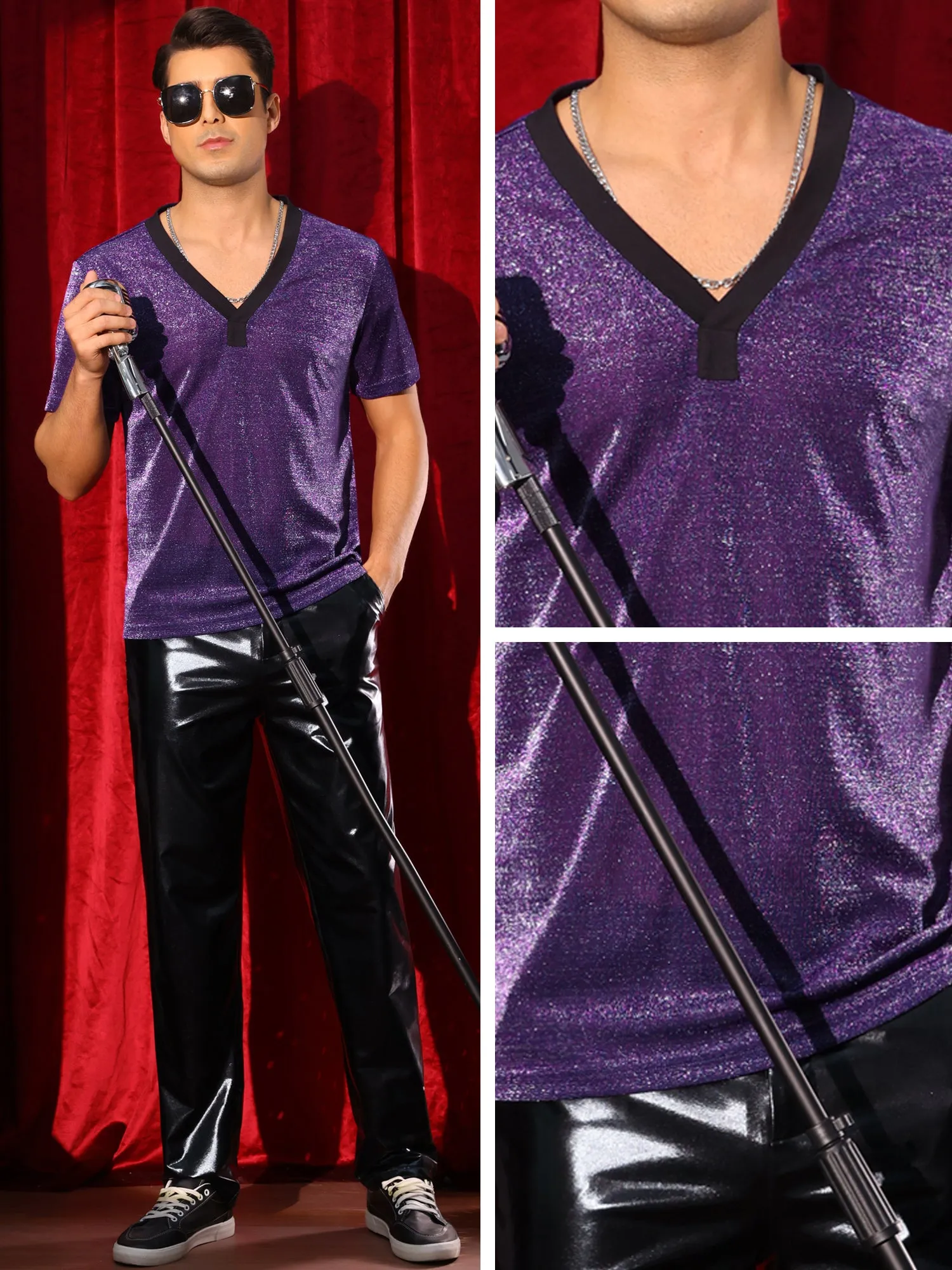 Glitter Sheer T-Shirt for Men's Shiny Tee V-Neck Short Sleeve Party See Through t Shirts