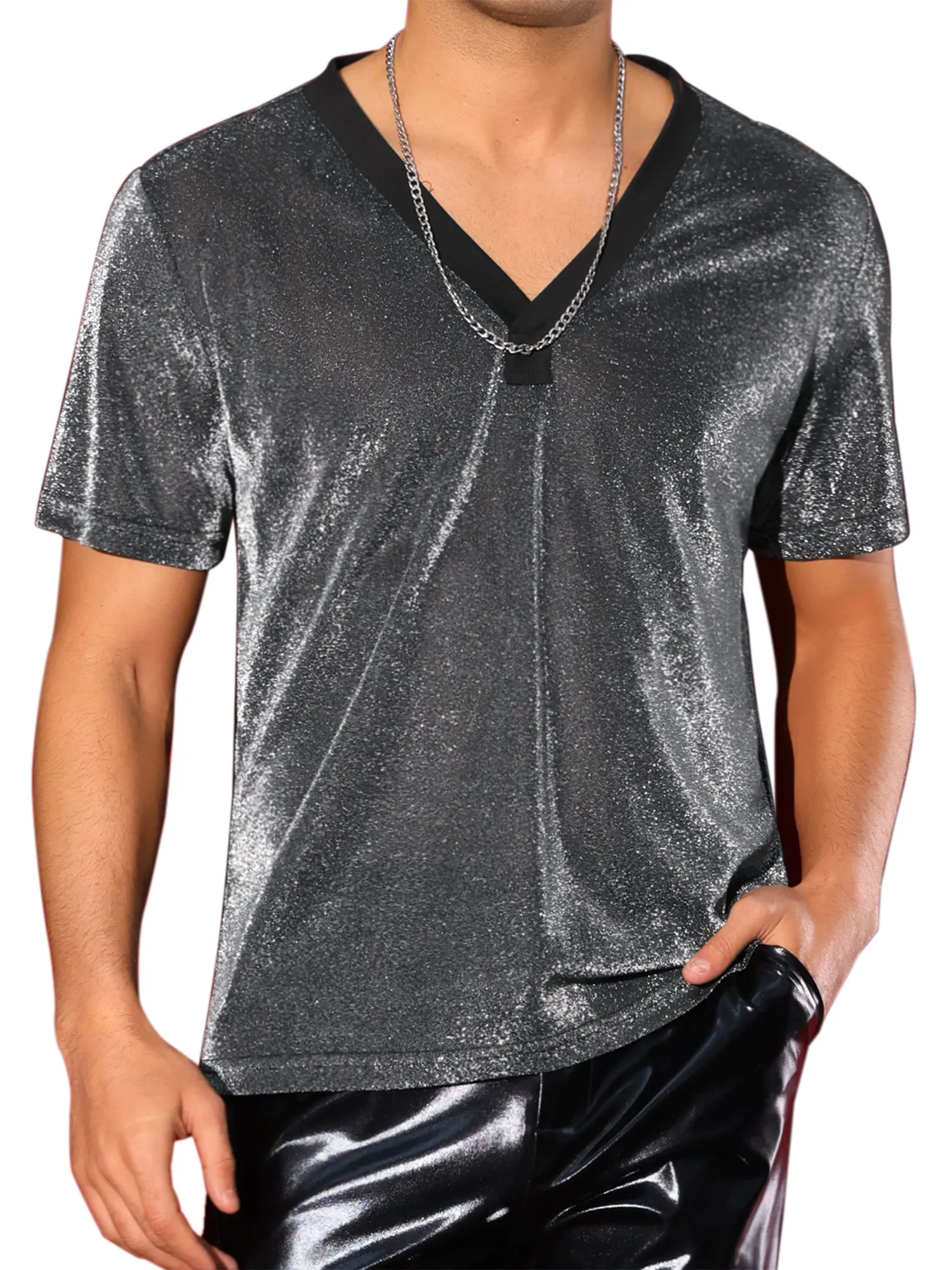 Glitter Sheer T-Shirt for Men's Shiny Tee V-Neck Short Sleeve Party See Through t Shirts