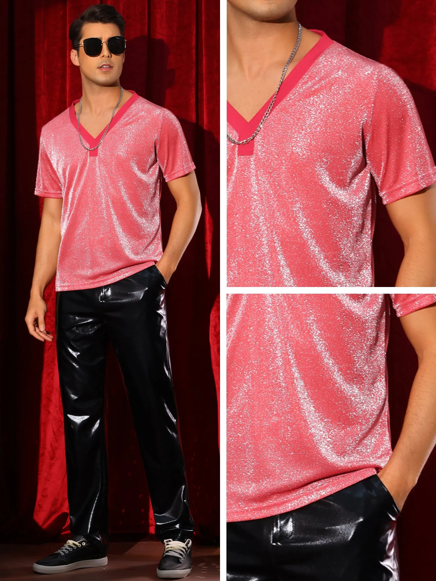 Glitter Sheer T-Shirt for Men's Shiny Tee V-Neck Short Sleeve Party See Through t Shirts