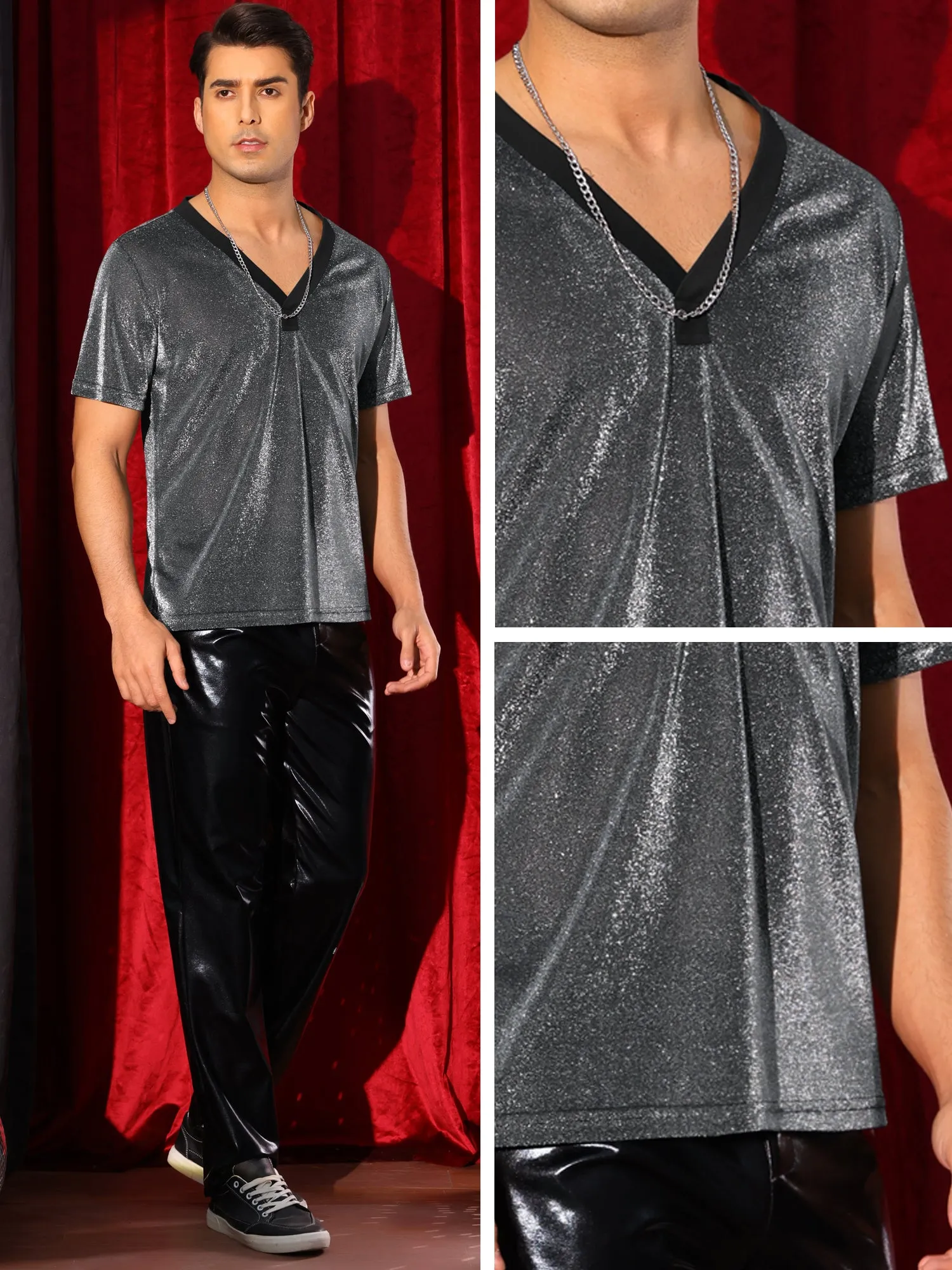 Glitter Sheer T-Shirt for Men's Shiny Tee V-Neck Short Sleeve Party See Through t Shirts