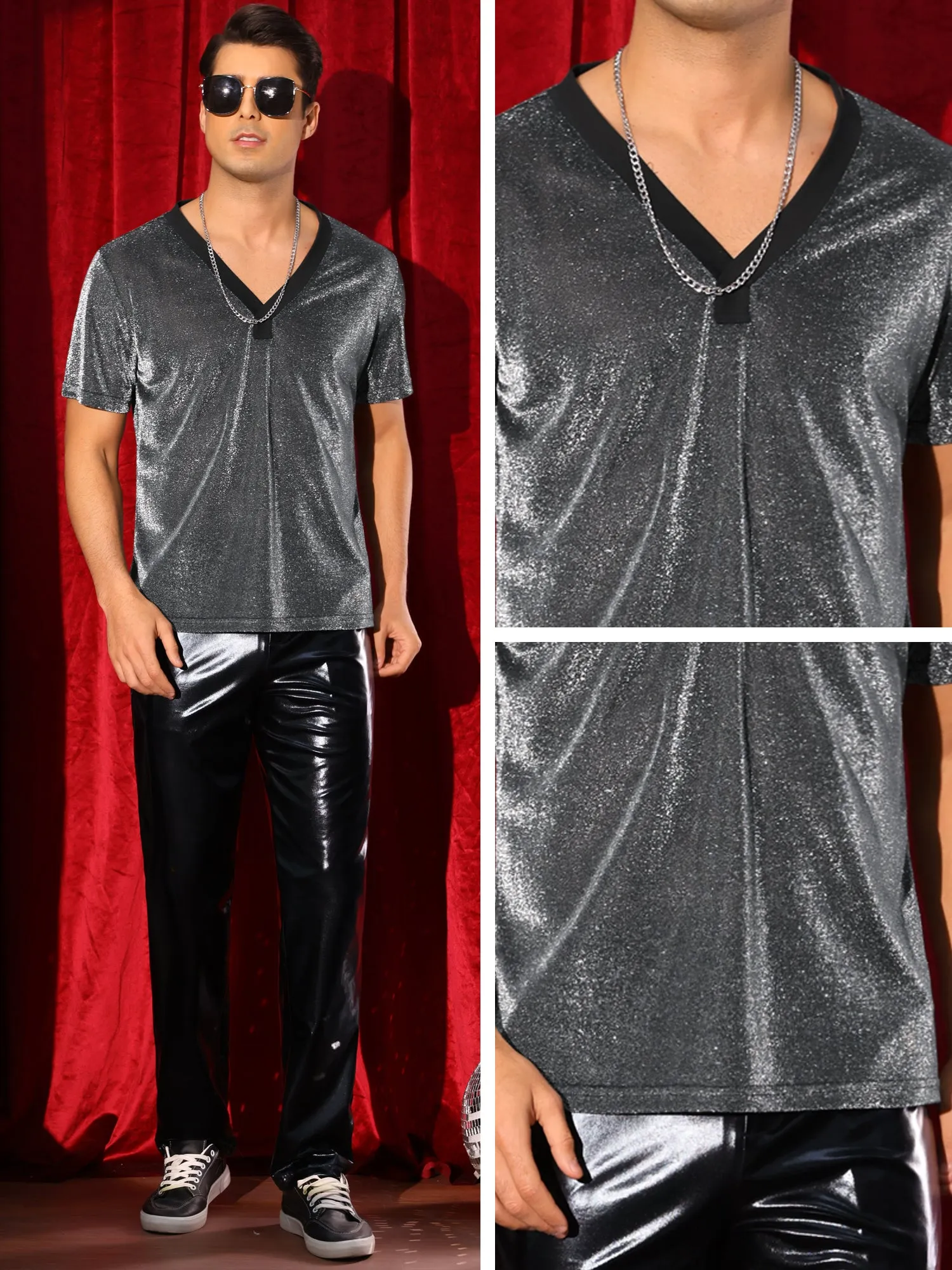 Glitter Sheer T-Shirt for Men's Shiny Tee V-Neck Short Sleeve Party See Through t Shirts