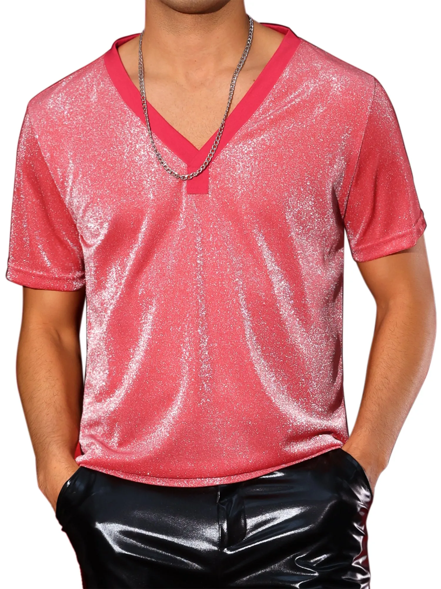 Glitter Sheer T-Shirt for Men's Shiny Tee V-Neck Short Sleeve Party See Through t Shirts
