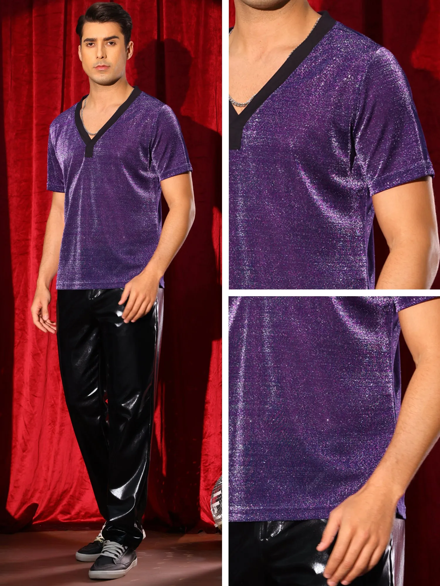 Glitter Sheer T-Shirt for Men's Shiny Tee V-Neck Short Sleeve Party See Through t Shirts