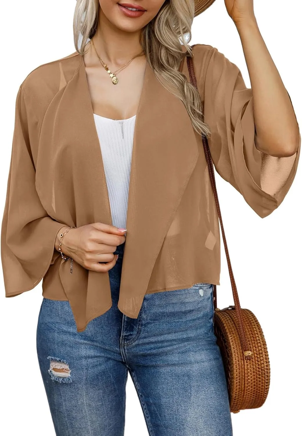 GOKKILRW Womens Print Puff Sleeve Kimono Cardigan Chiffon Loose Open Front Cover Up Summer Casual Vacation Beach Blouse Tops
