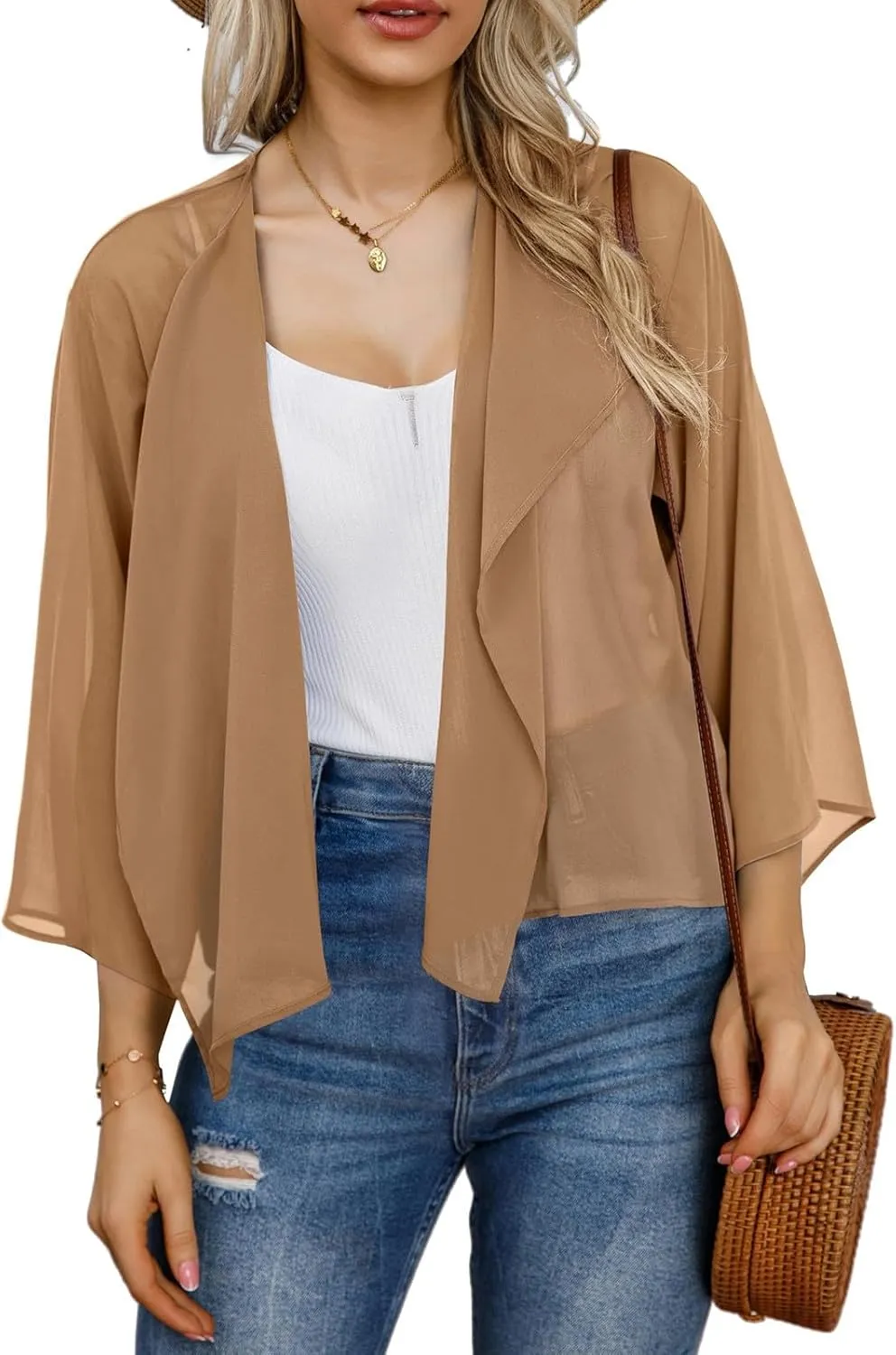 GOKKILRW Womens Print Puff Sleeve Kimono Cardigan Chiffon Loose Open Front Cover Up Summer Casual Vacation Beach Blouse Tops