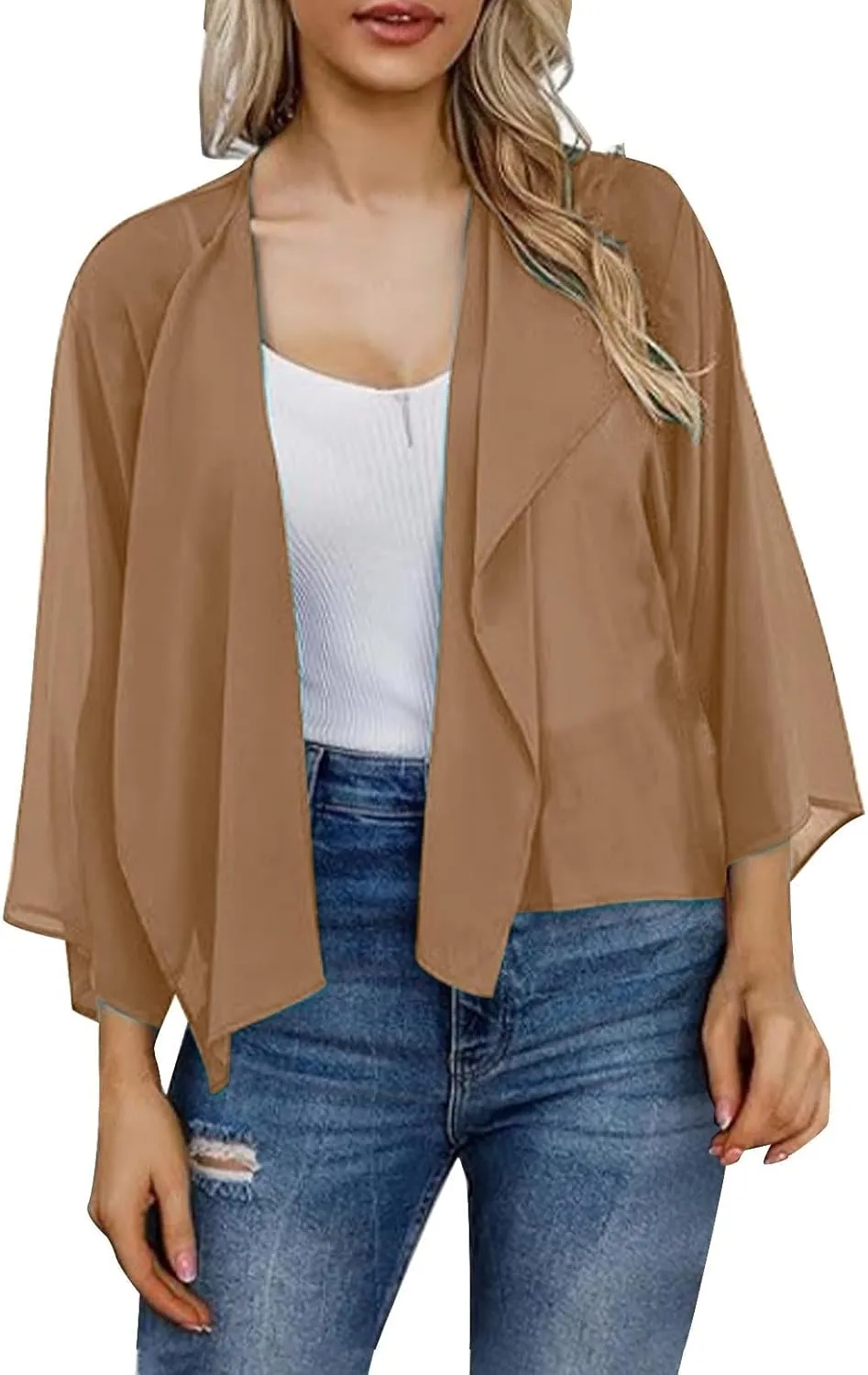 GOKKILRW Womens Print Puff Sleeve Kimono Cardigan Chiffon Loose Open Front Cover Up Summer Casual Vacation Beach Blouse Tops