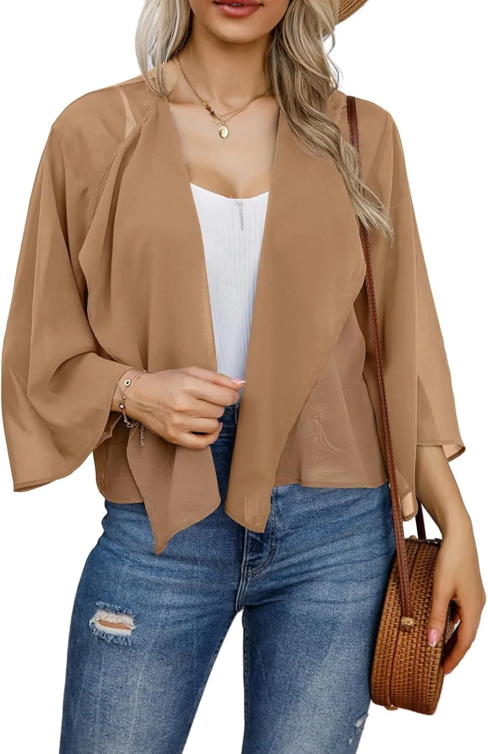 GOKKILRW Womens Print Puff Sleeve Kimono Cardigan Chiffon Loose Open Front Cover Up Summer Casual Vacation Beach Blouse Tops