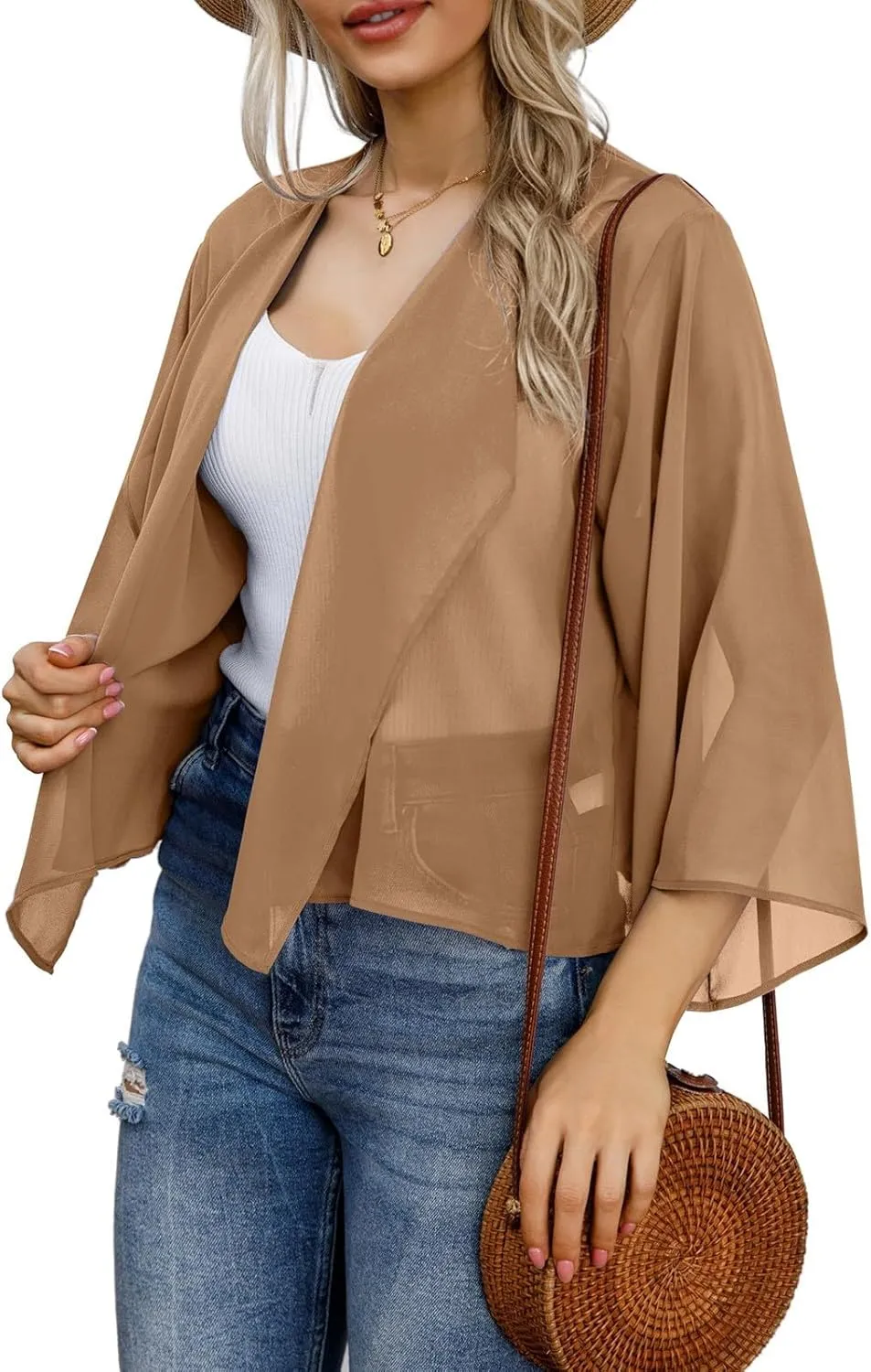 GOKKILRW Womens Print Puff Sleeve Kimono Cardigan Chiffon Loose Open Front Cover Up Summer Casual Vacation Beach Blouse Tops