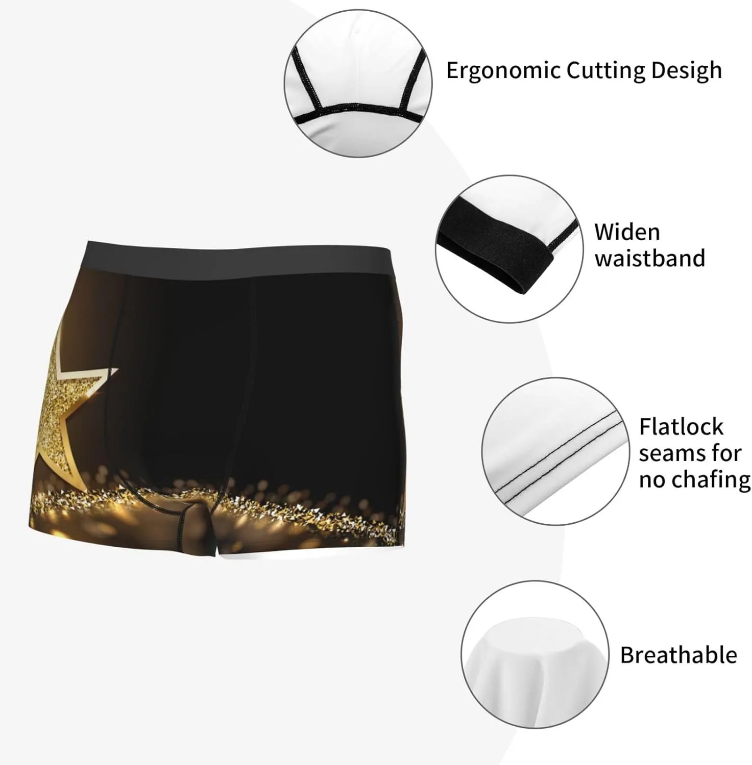 Gold Glittering Stars Print Boxer Briefs For Men Breathable Underwear-