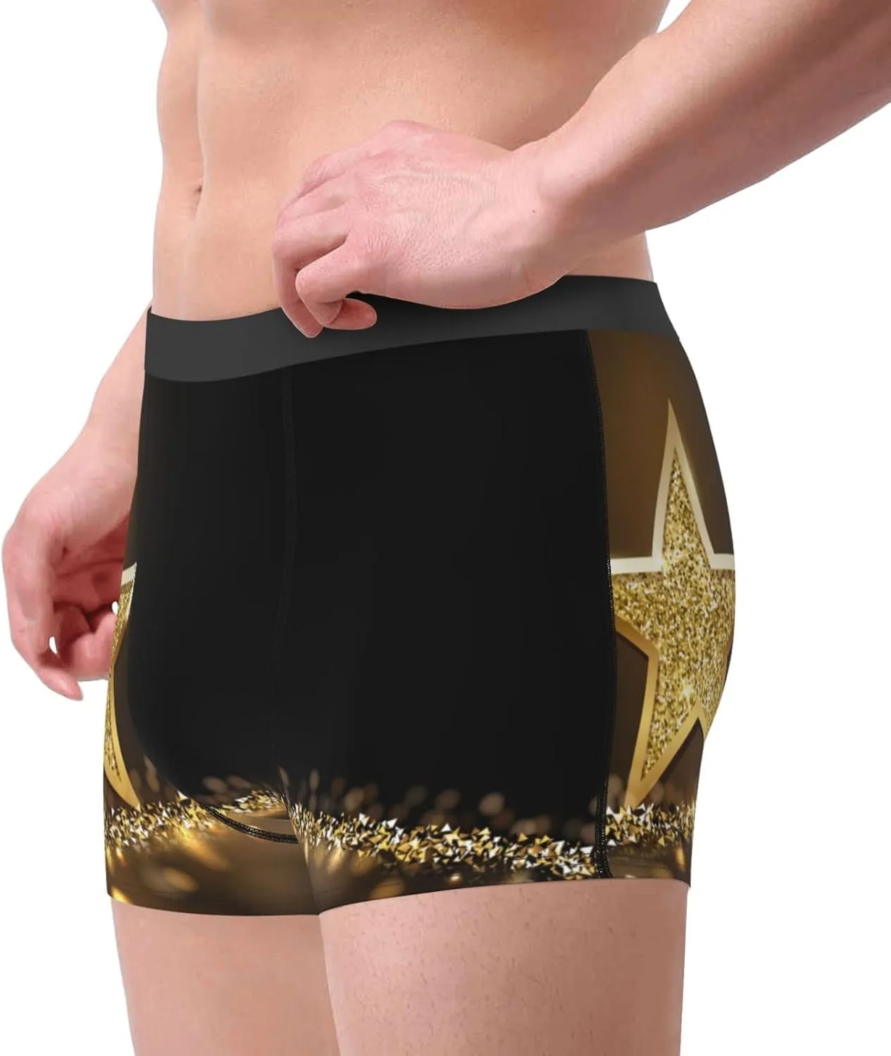 Gold Glittering Stars Print Boxer Briefs For Men Breathable Underwear-