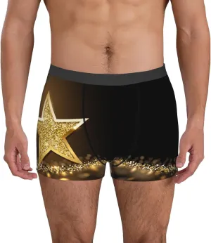 Gold Glittering Stars Print Boxer Briefs For Men Breathable Underwear-