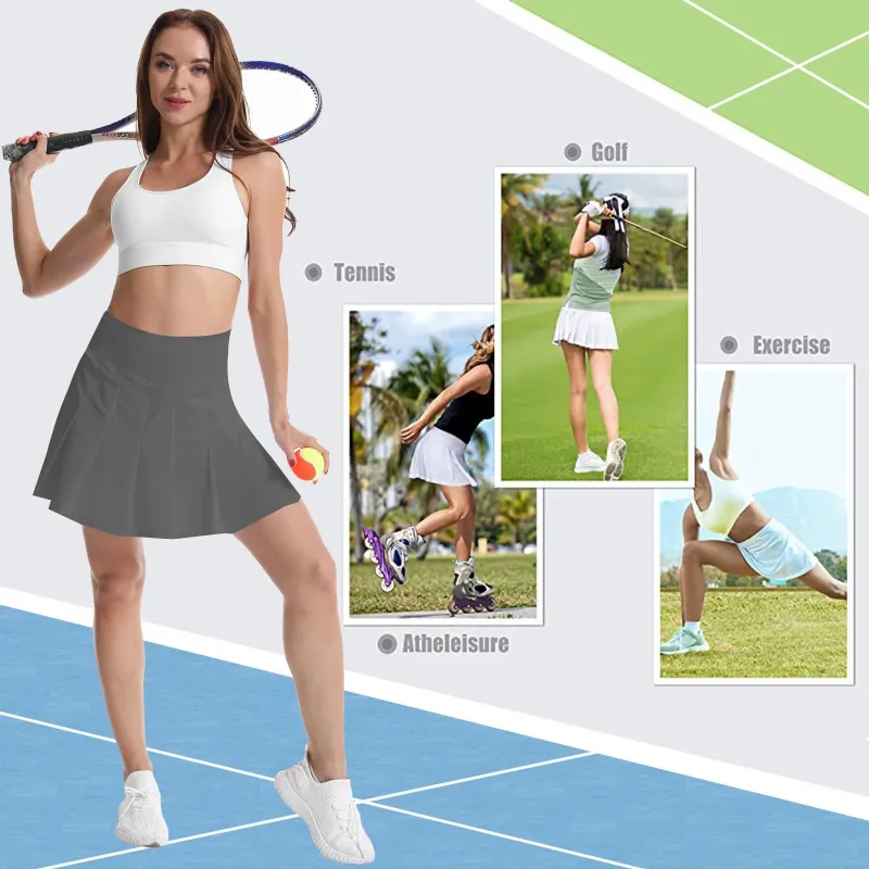 Golf Women's Tennis Skirts Pleated High Waisted Grey
