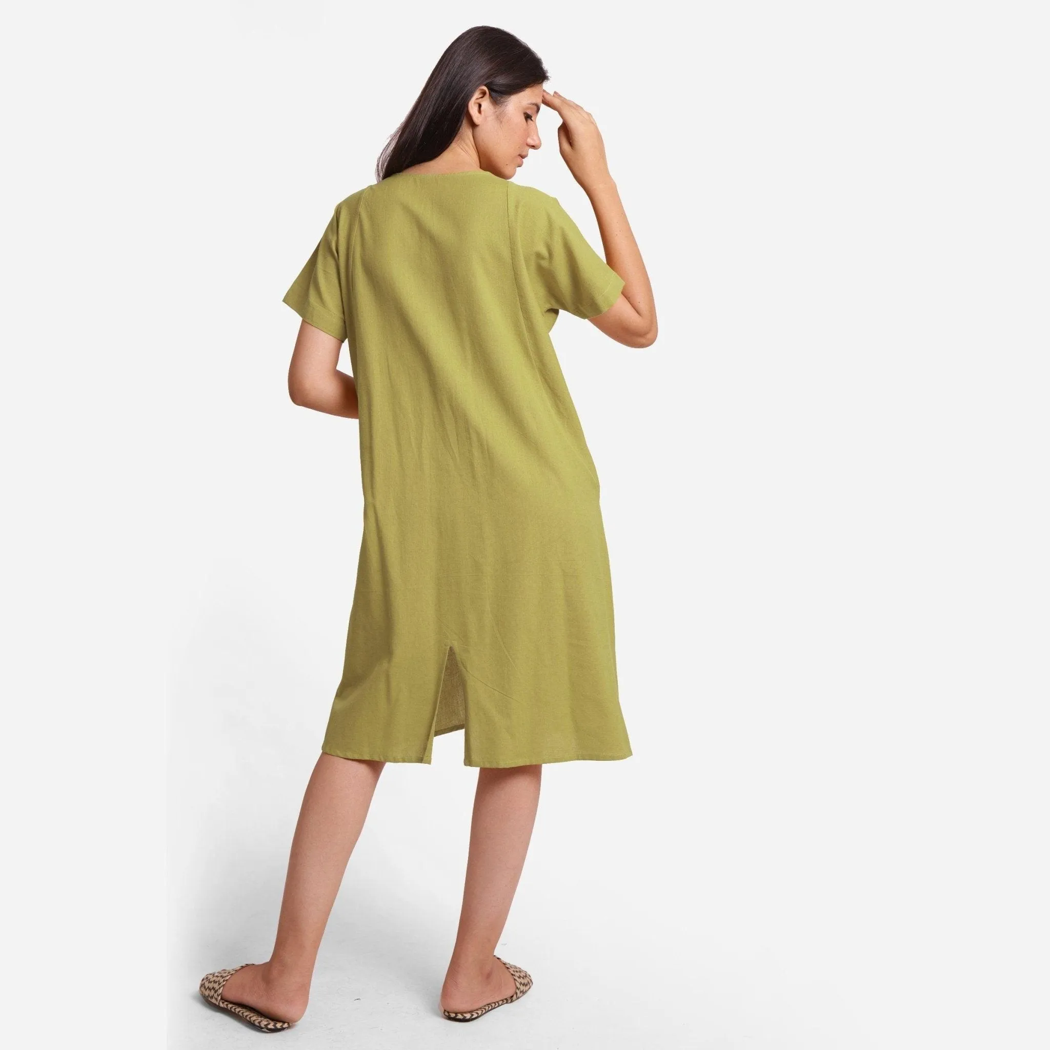 Green Cotton Flax Princess Line Knee Length Dress