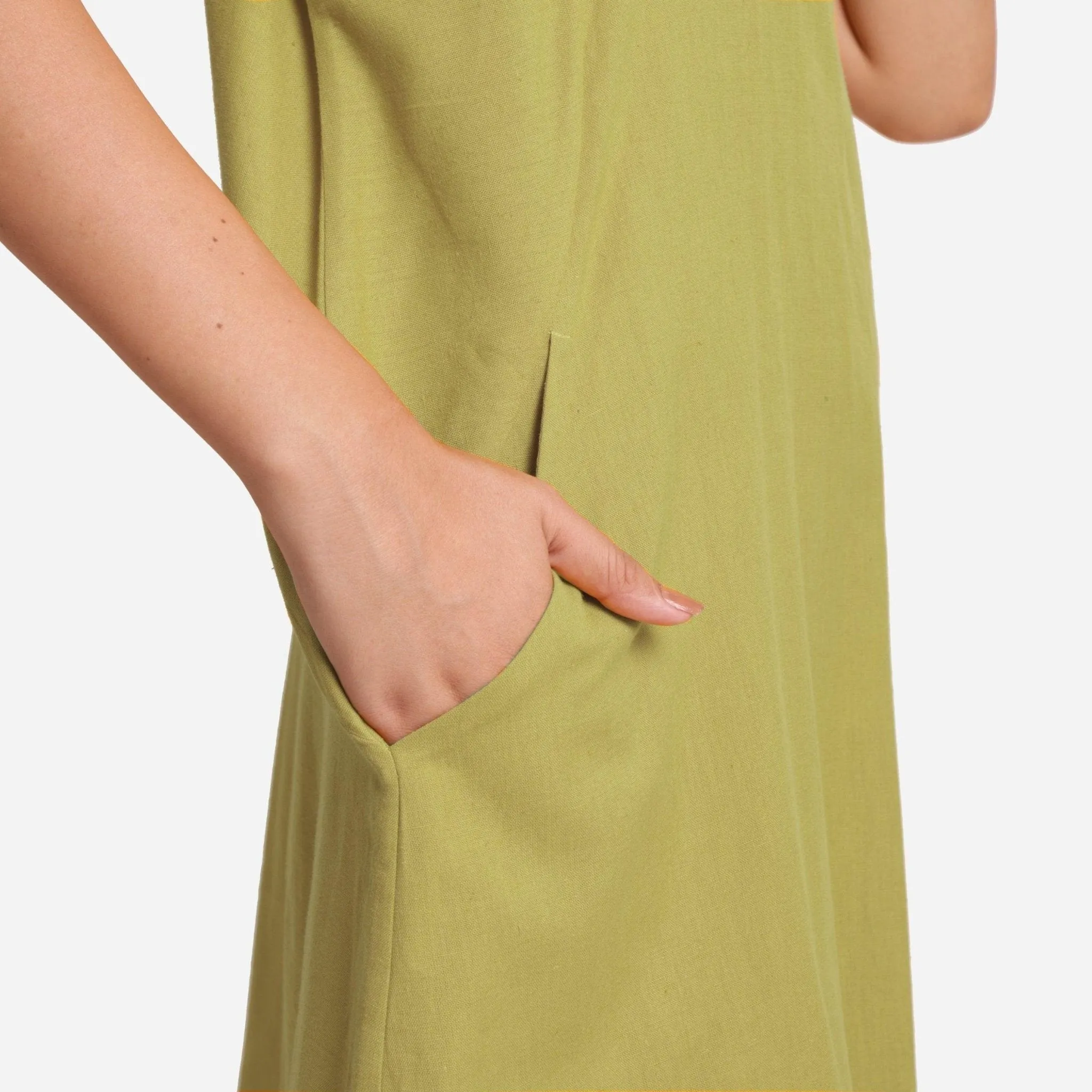 Green Cotton Flax Princess Line Knee Length Dress