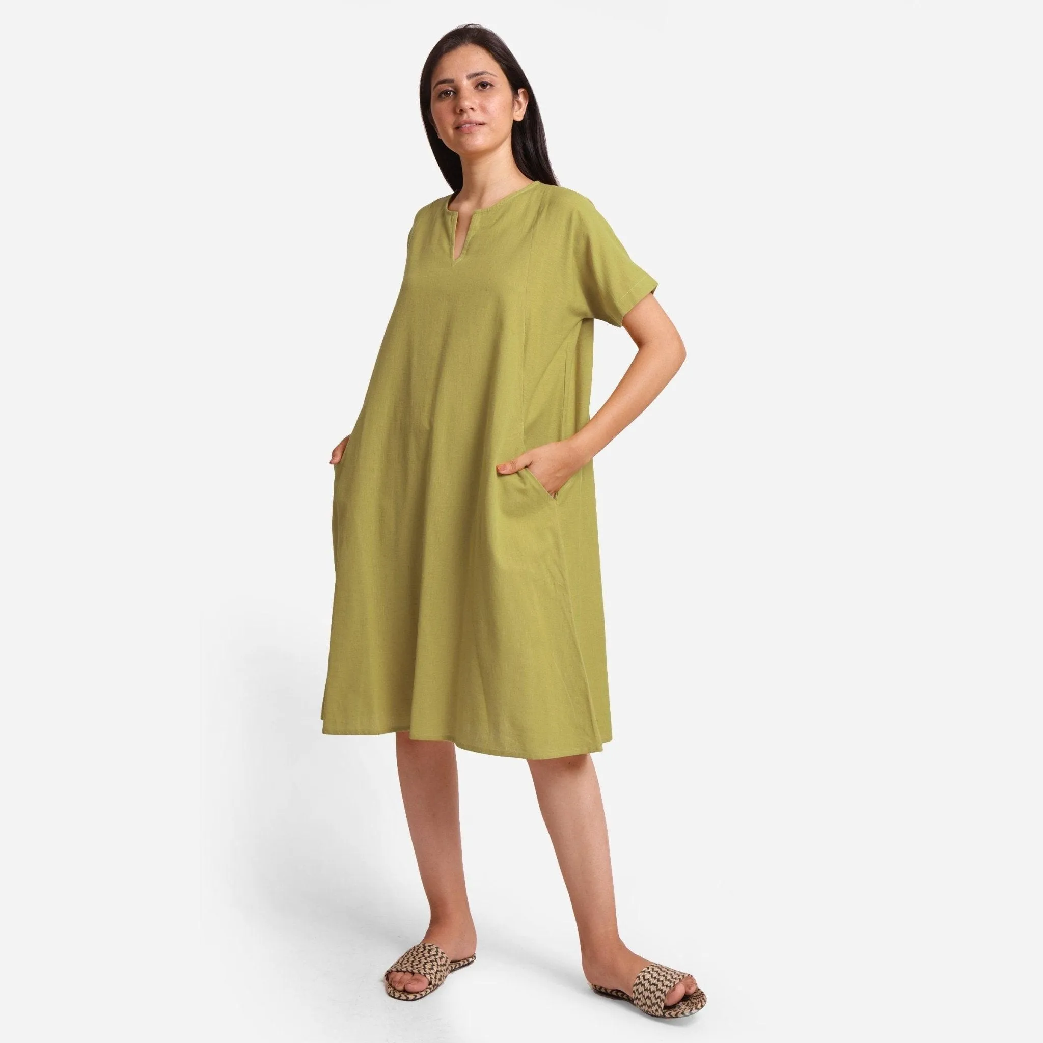 Green Cotton Flax Princess Line Knee Length Dress