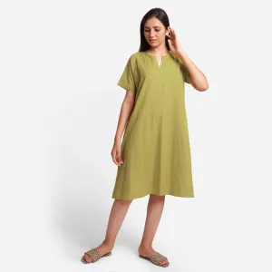 Green Cotton Flax Princess Line Knee Length Dress