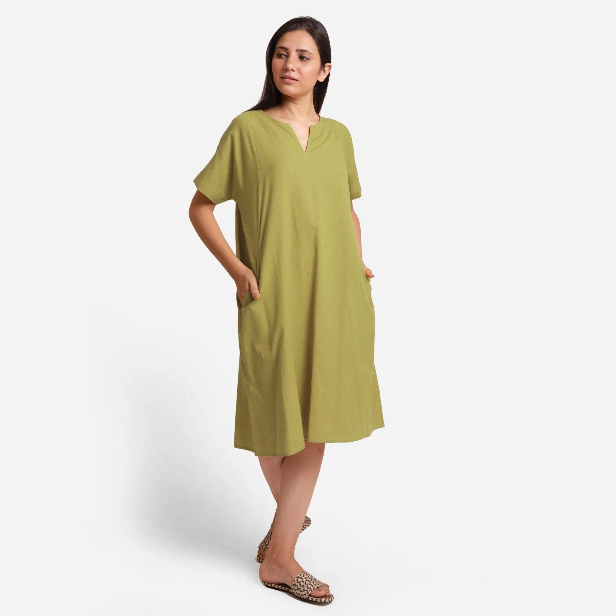 Green Cotton Flax Princess Line Knee Length Dress