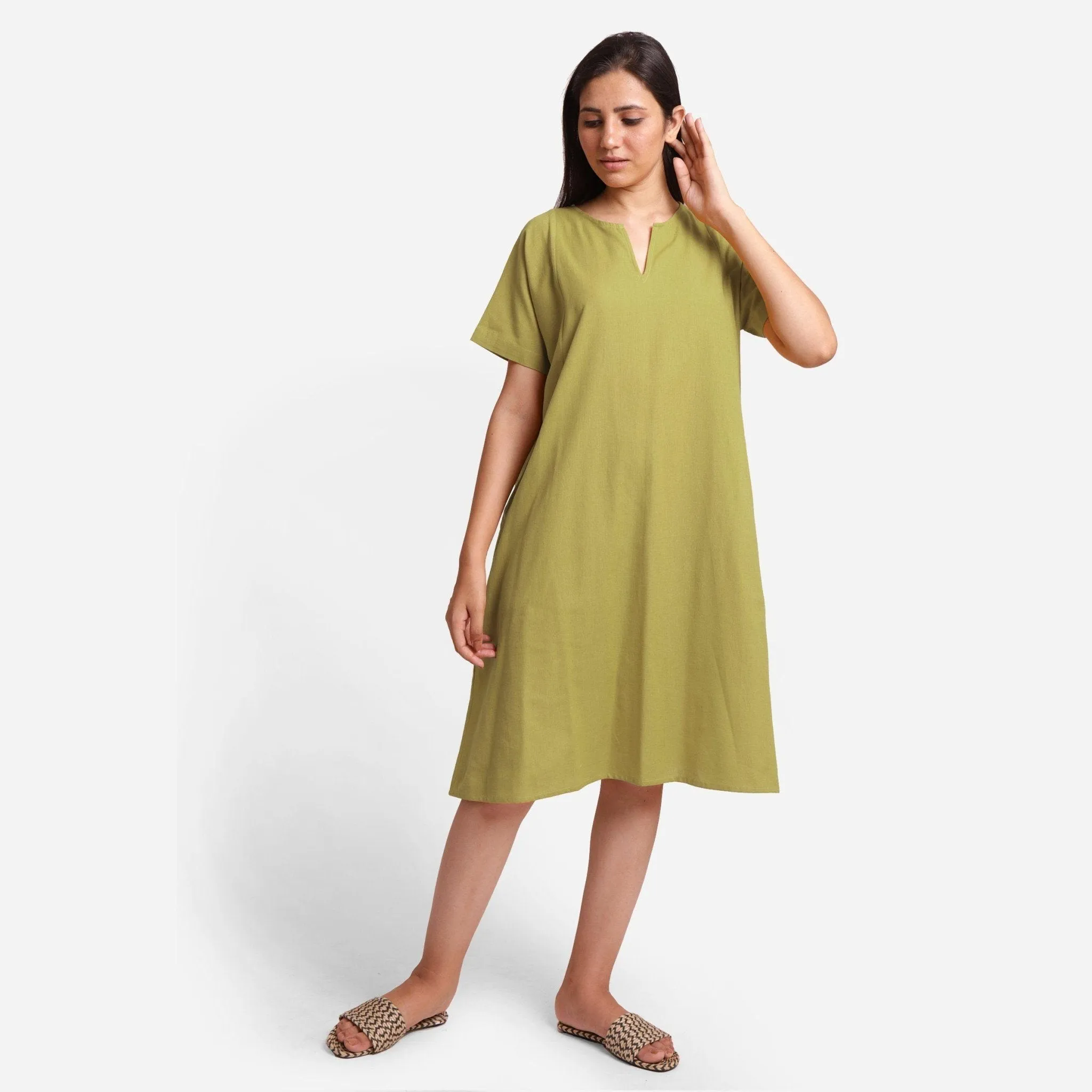 Green Cotton Flax Princess Line Knee Length Dress