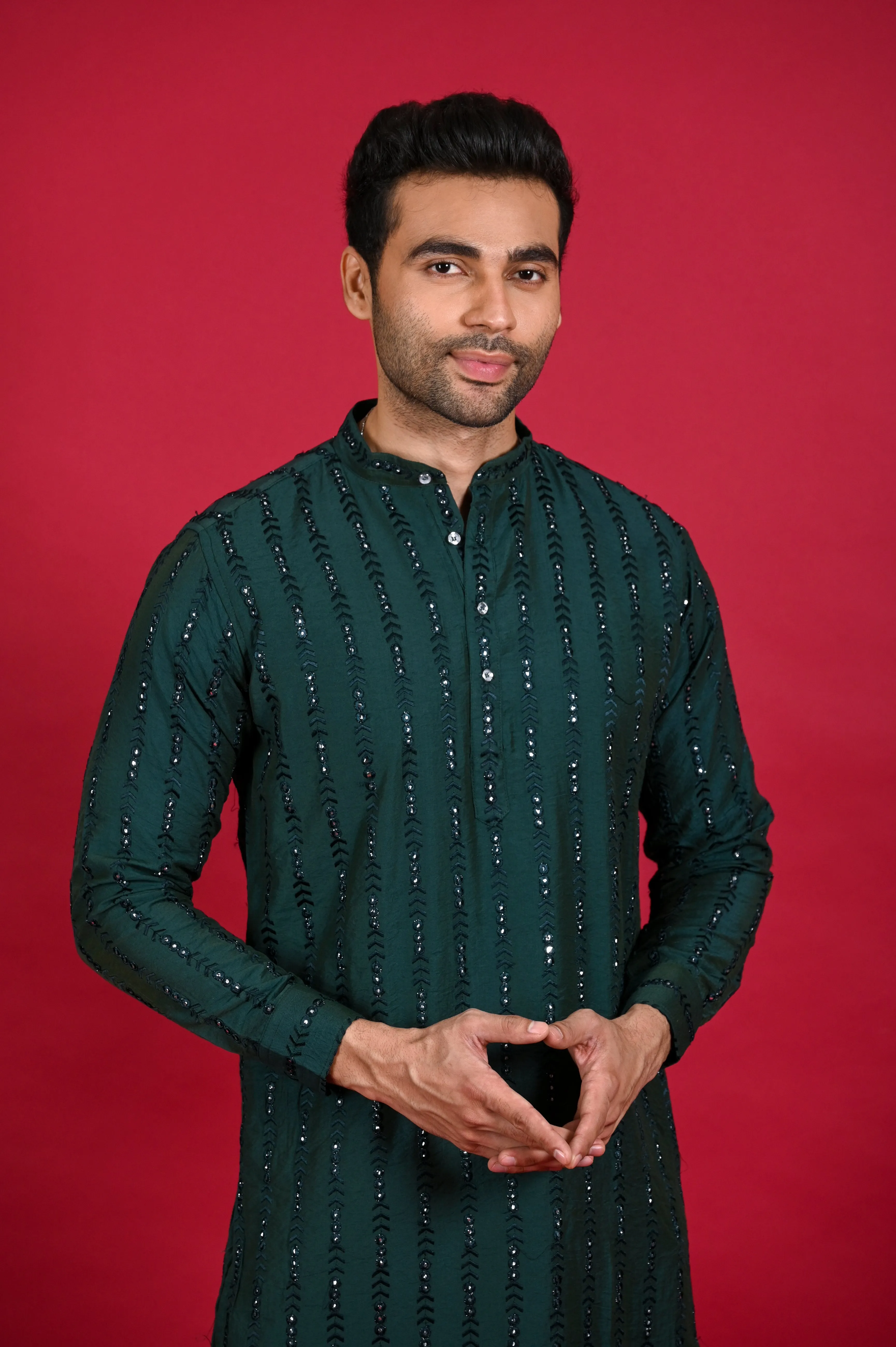Green Kurta Pajama with Mirror Work