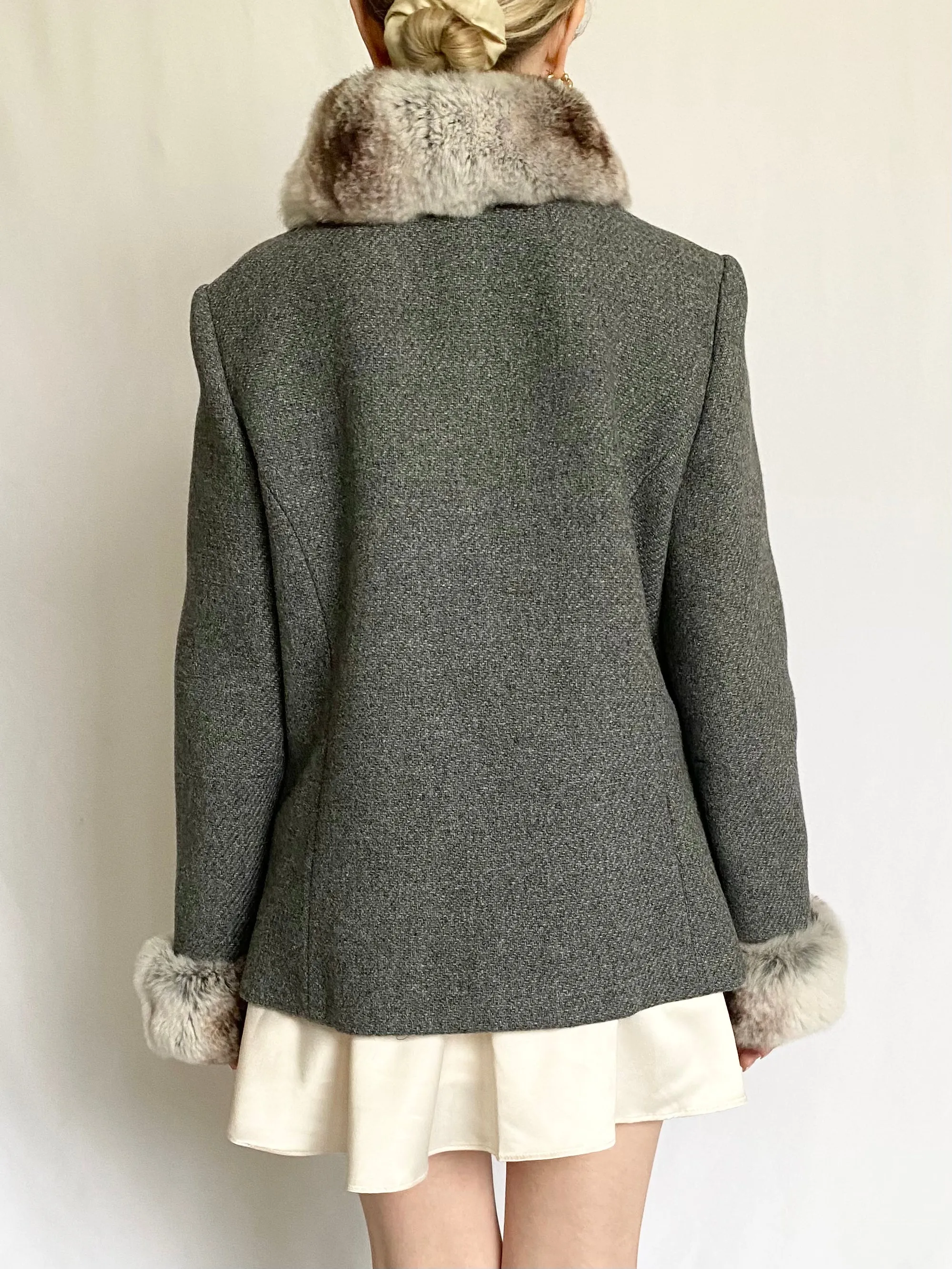 Grey Fur Trim 1950s Wool Coat and Skirt Set (M)